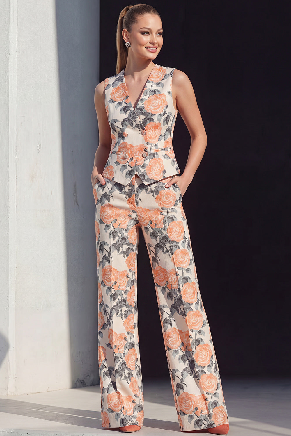 Navy 2 Piece Rose Floral V-Neck Double Breasted Vest Prom Suits with Pockets