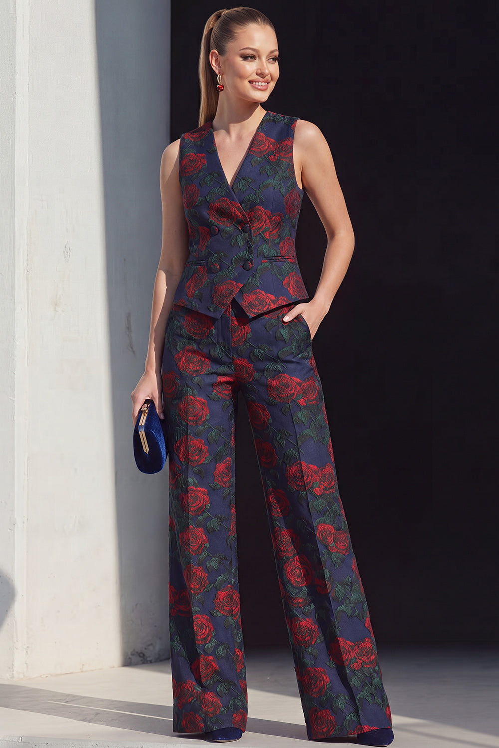 Navy 2 Piece Rose Floral V-Neck Double Breasted Vest Prom Suits with Pockets