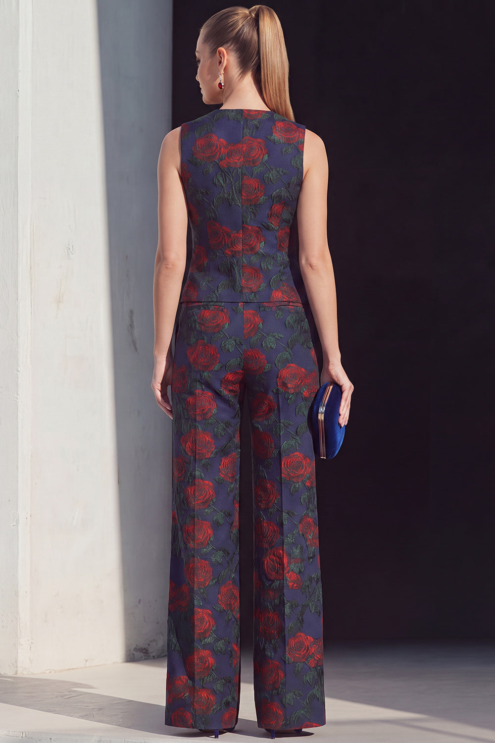 Navy 2 Piece Rose Floral V-Neck Double Breasted Vest Prom Suits with Pockets