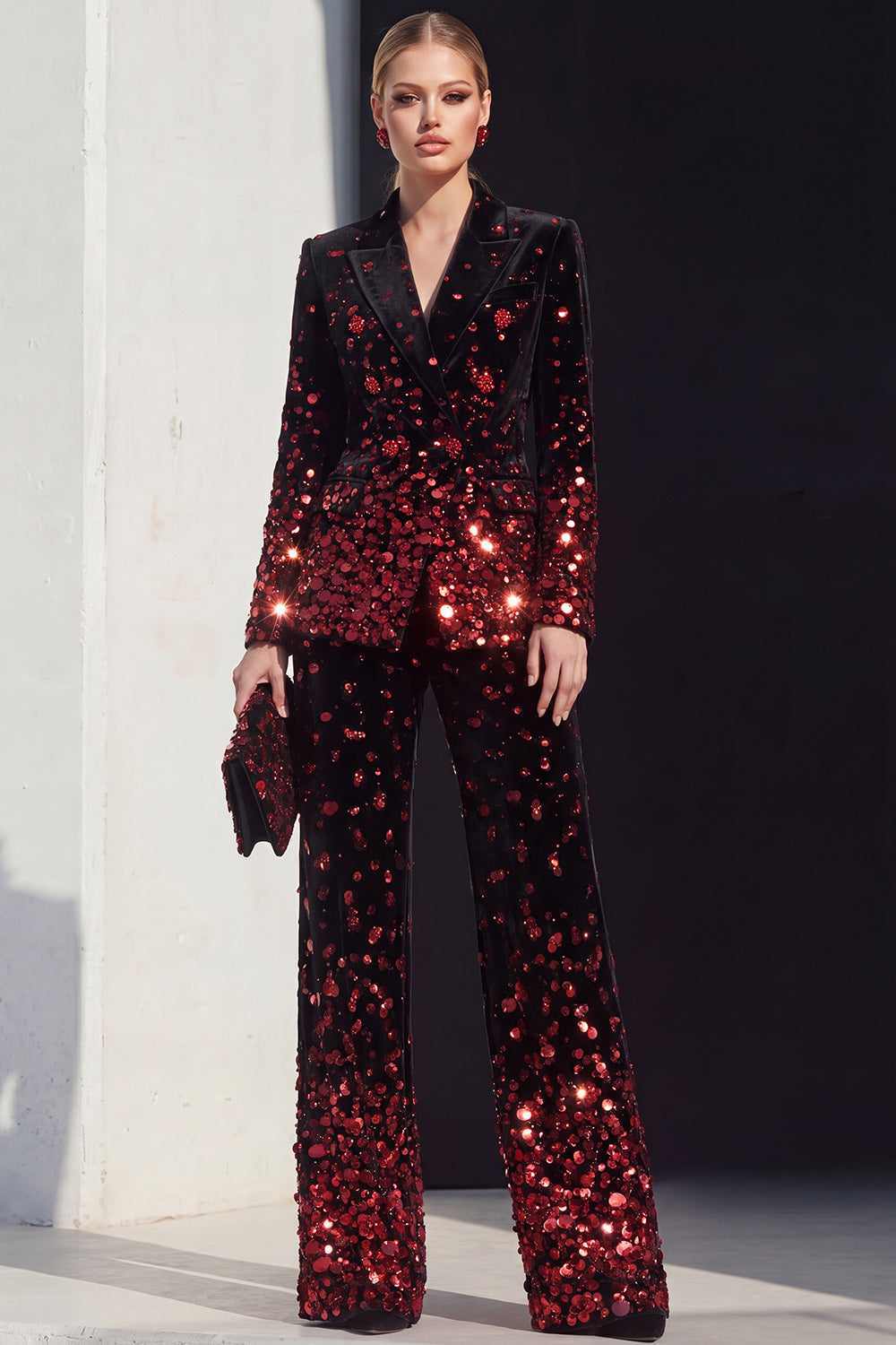 Sparkly Black Champagne Sequins Peak Lapel 2 Piece Prom Suits