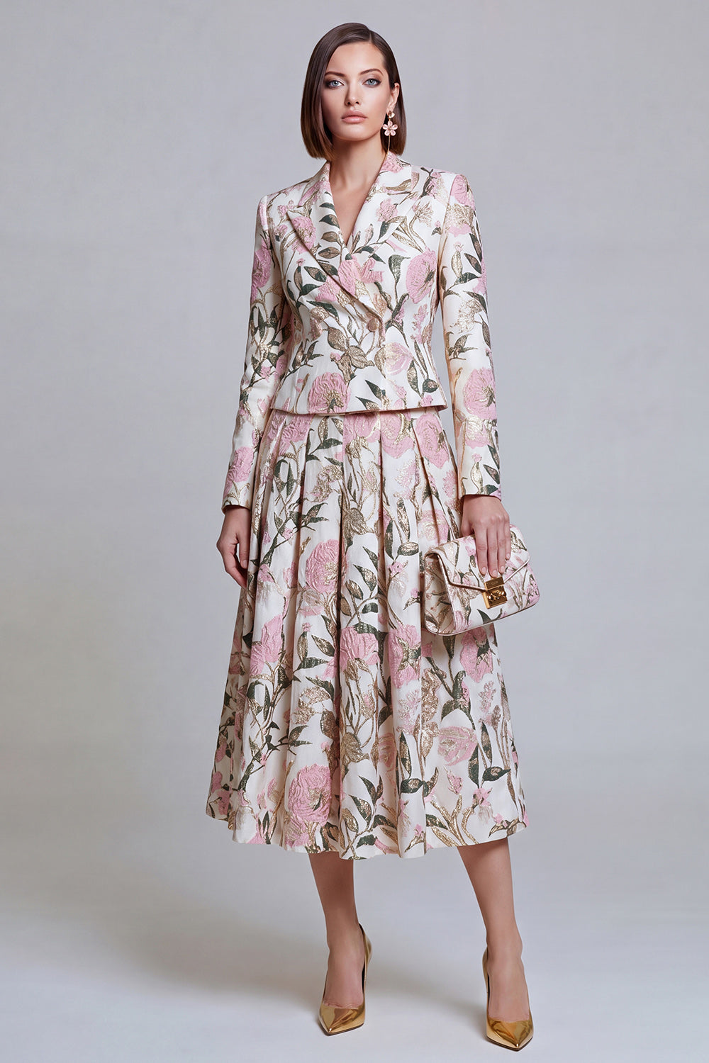 Floral Ivory Pink Peak Lapel Double Breasted Prom Suits with Pockets