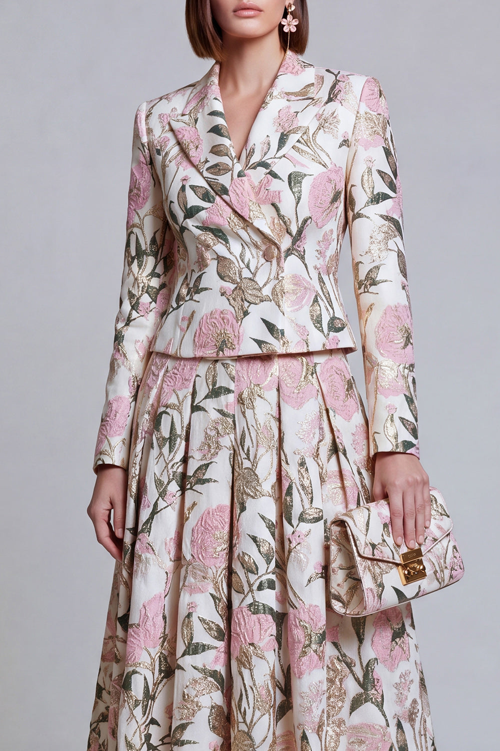 Floral Ivory Pink Peak Lapel Double Breasted Prom Suits with Pockets