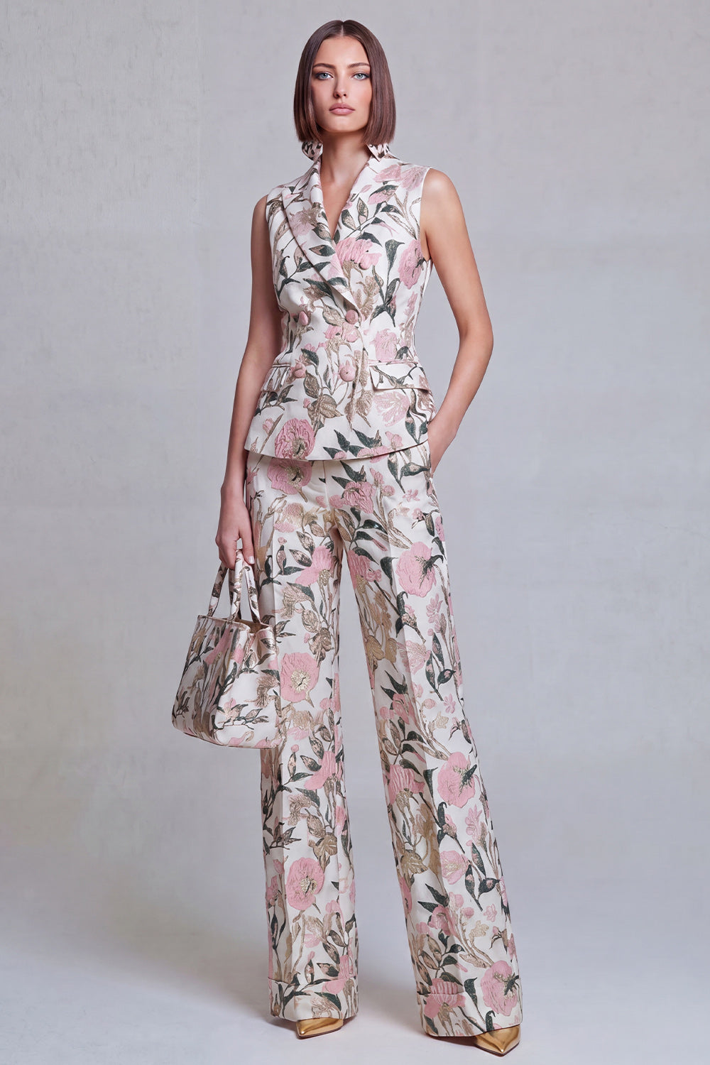Ivory Green Flower Peak Lapel Double Breasted Vest Prom Suits