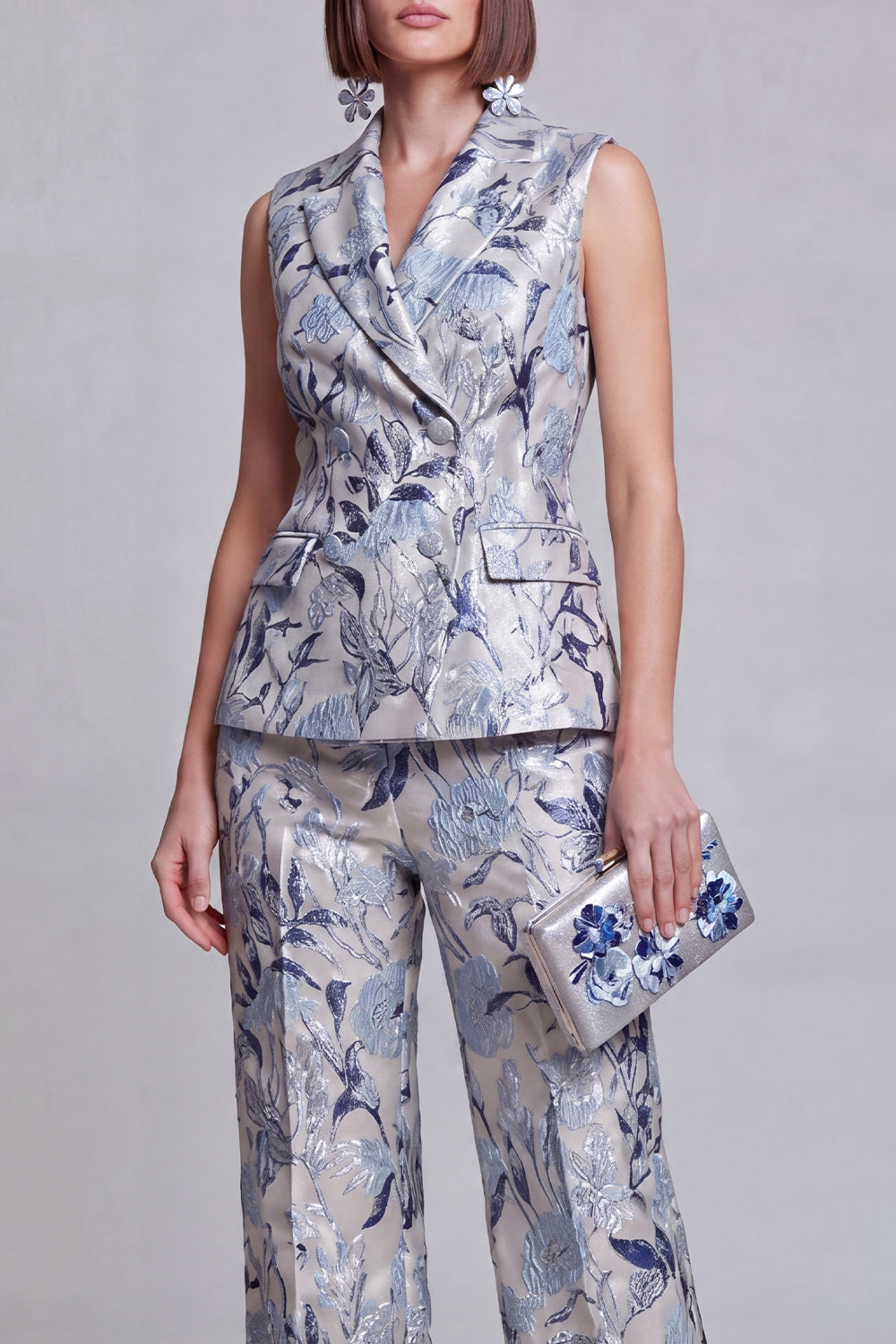 Ivory Green Flower Peak Lapel Double Breasted Vest Prom Suits