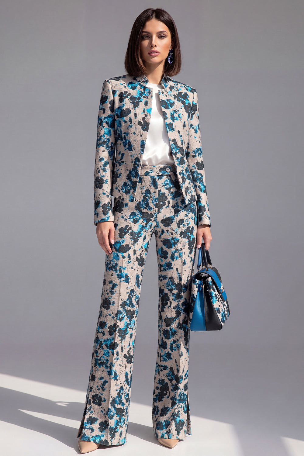 2 Piece Dusty Blue Floral Lapel Prom Suits with Sleeves