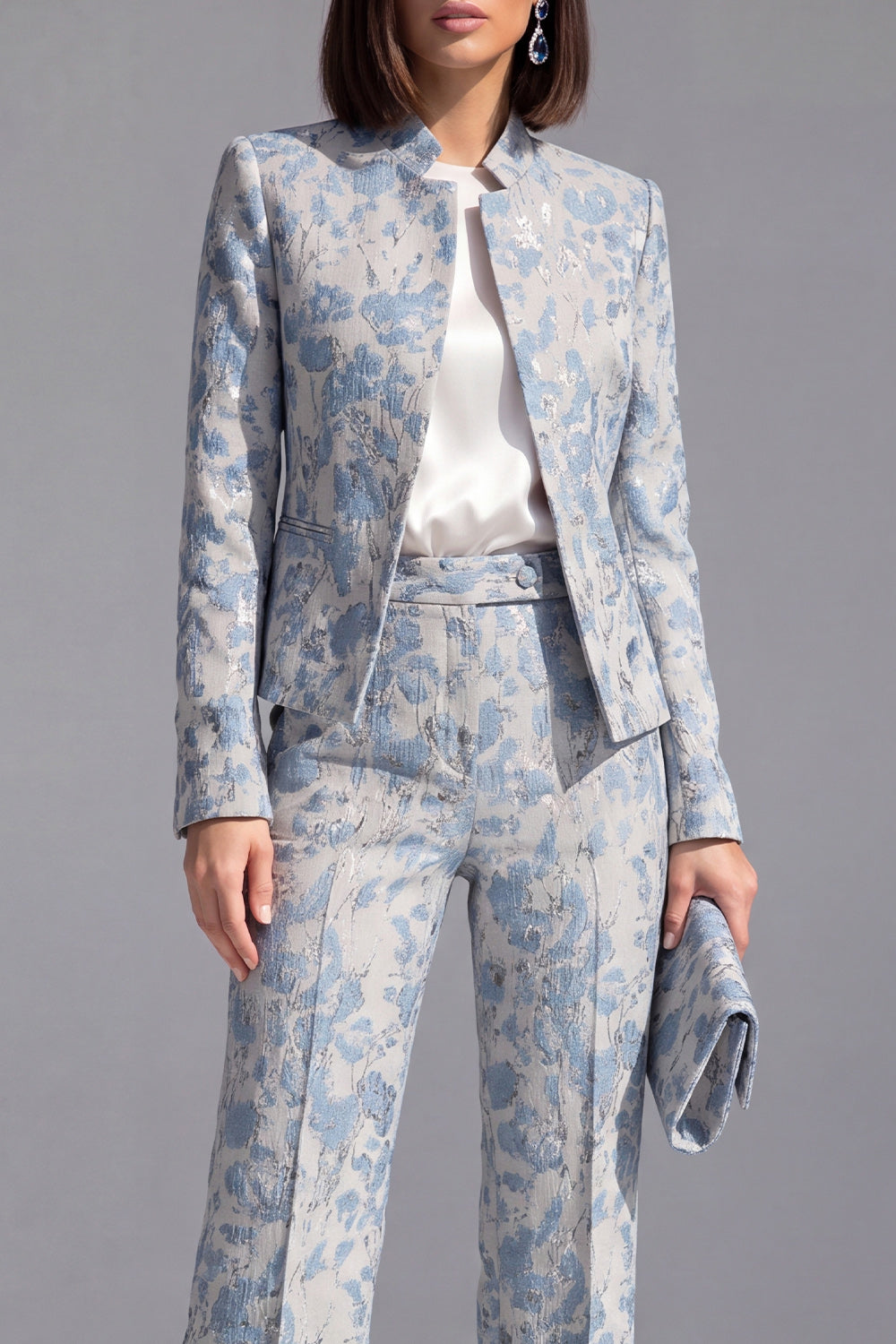 2 Piece Dusty Blue Floral Lapel Prom Suits with Sleeves
