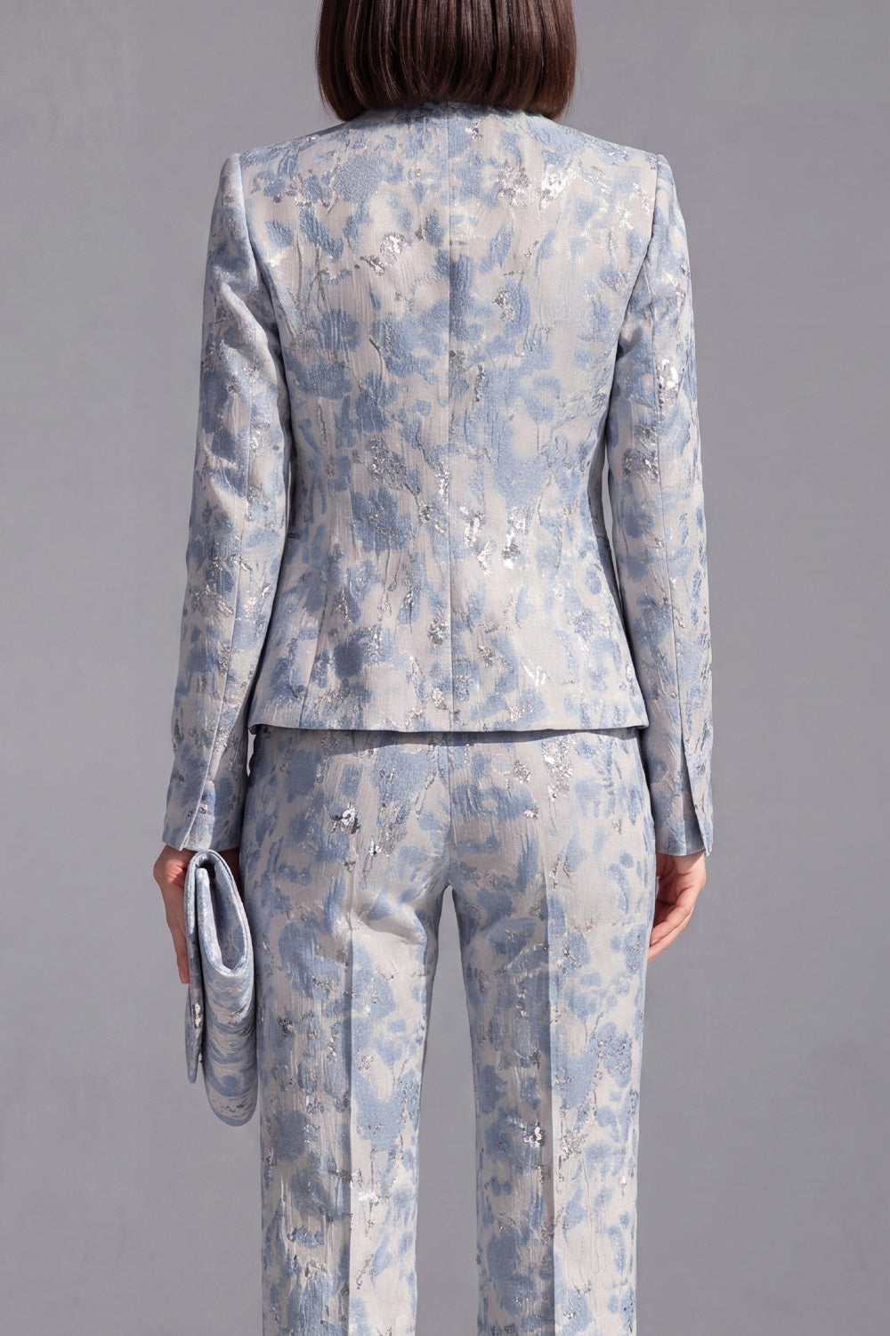 2 Piece Dusty Blue Floral Lapel Prom Suits with Sleeves