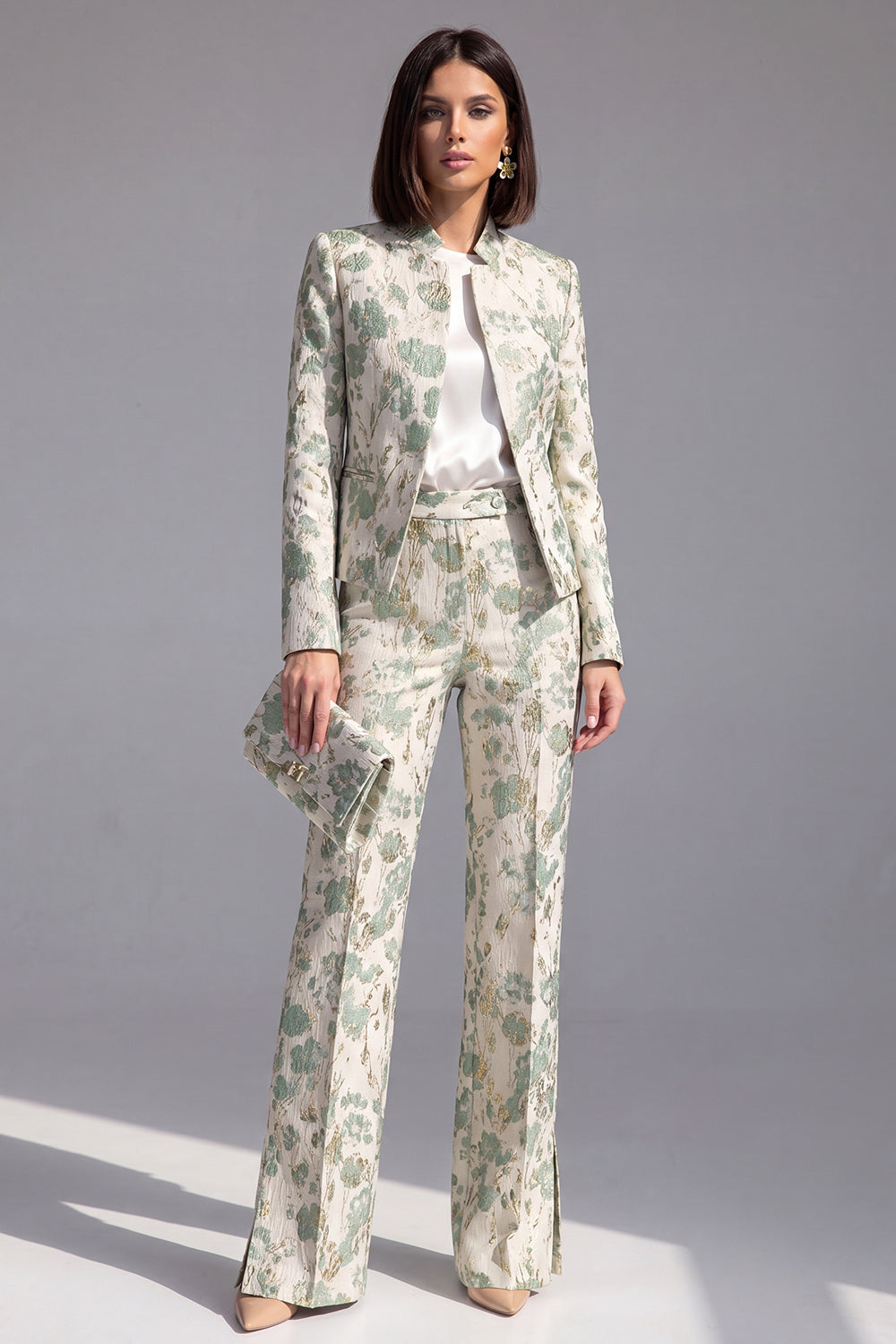 2 Piece Dusty Blue Floral Lapel Prom Suits with Sleeves