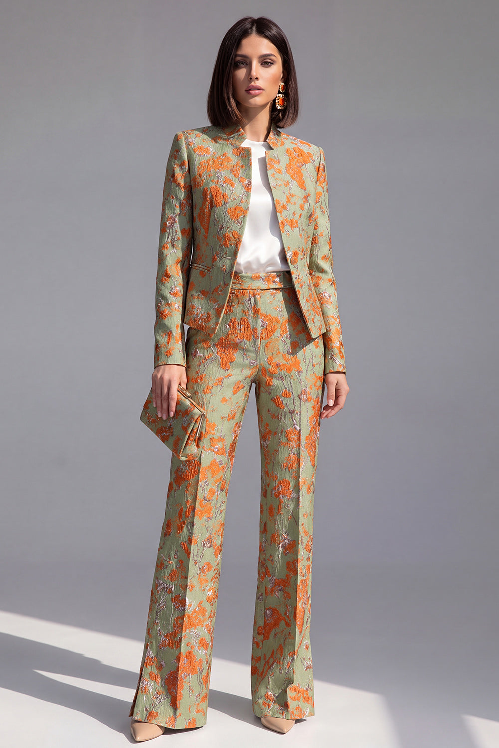 2 Piece Dusty Blue Floral Lapel Prom Suits with Sleeves