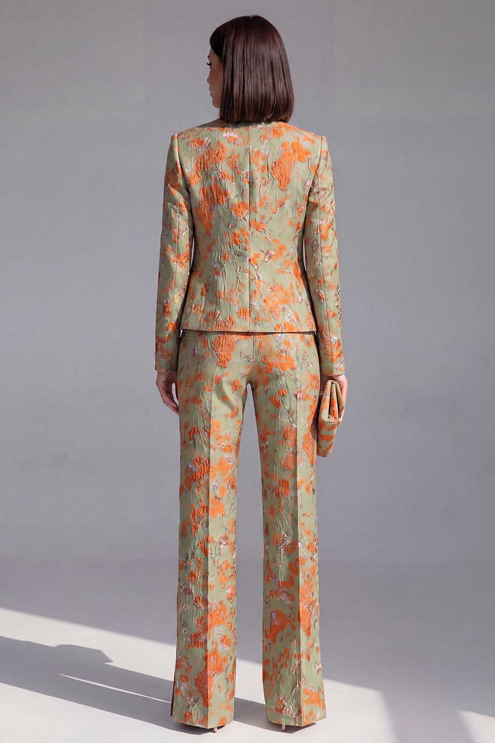 2 Piece Dusty Blue Floral Lapel Prom Suits with Sleeves