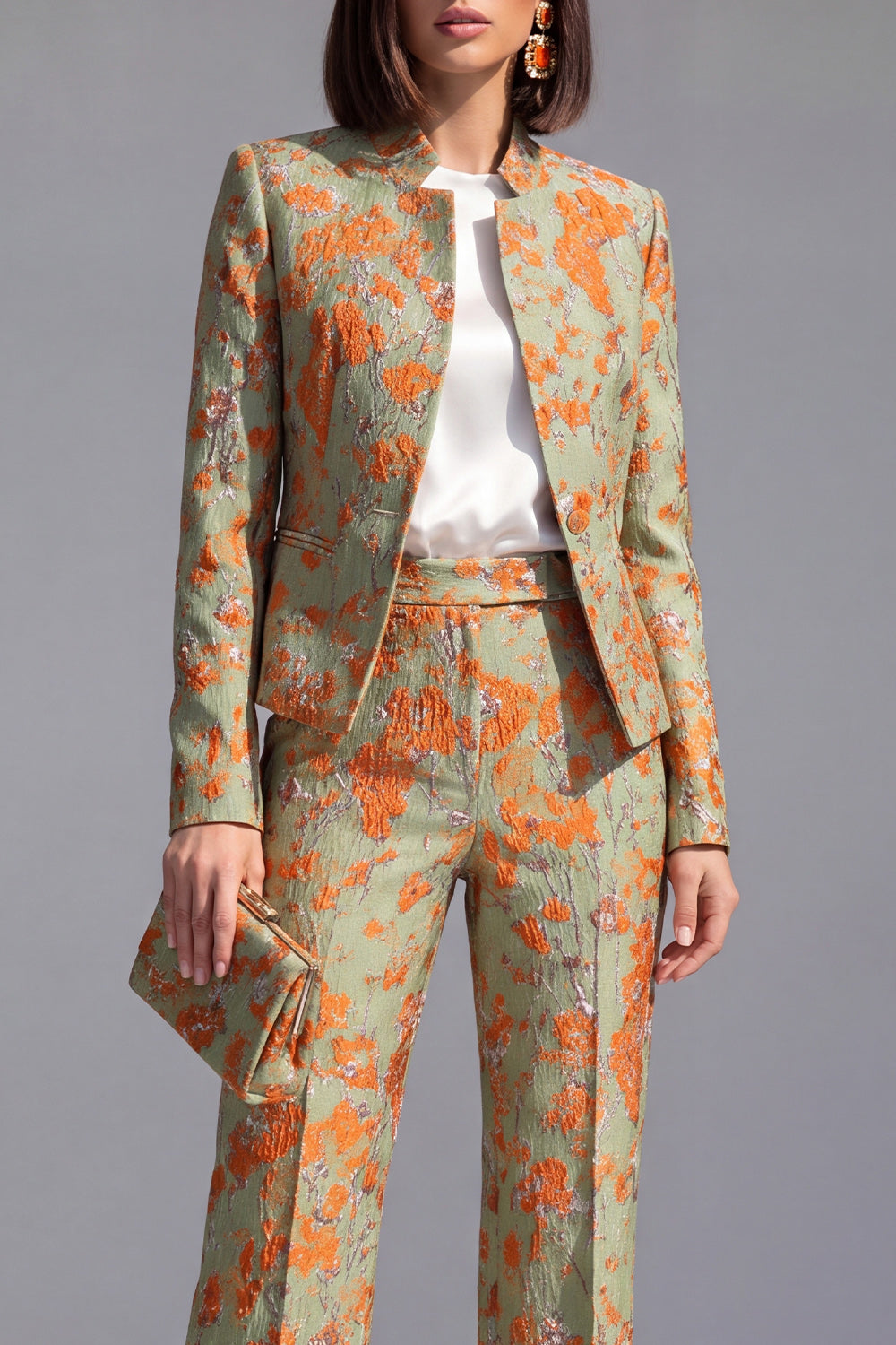2 Piece Dusty Blue Floral Lapel Prom Suits with Sleeves