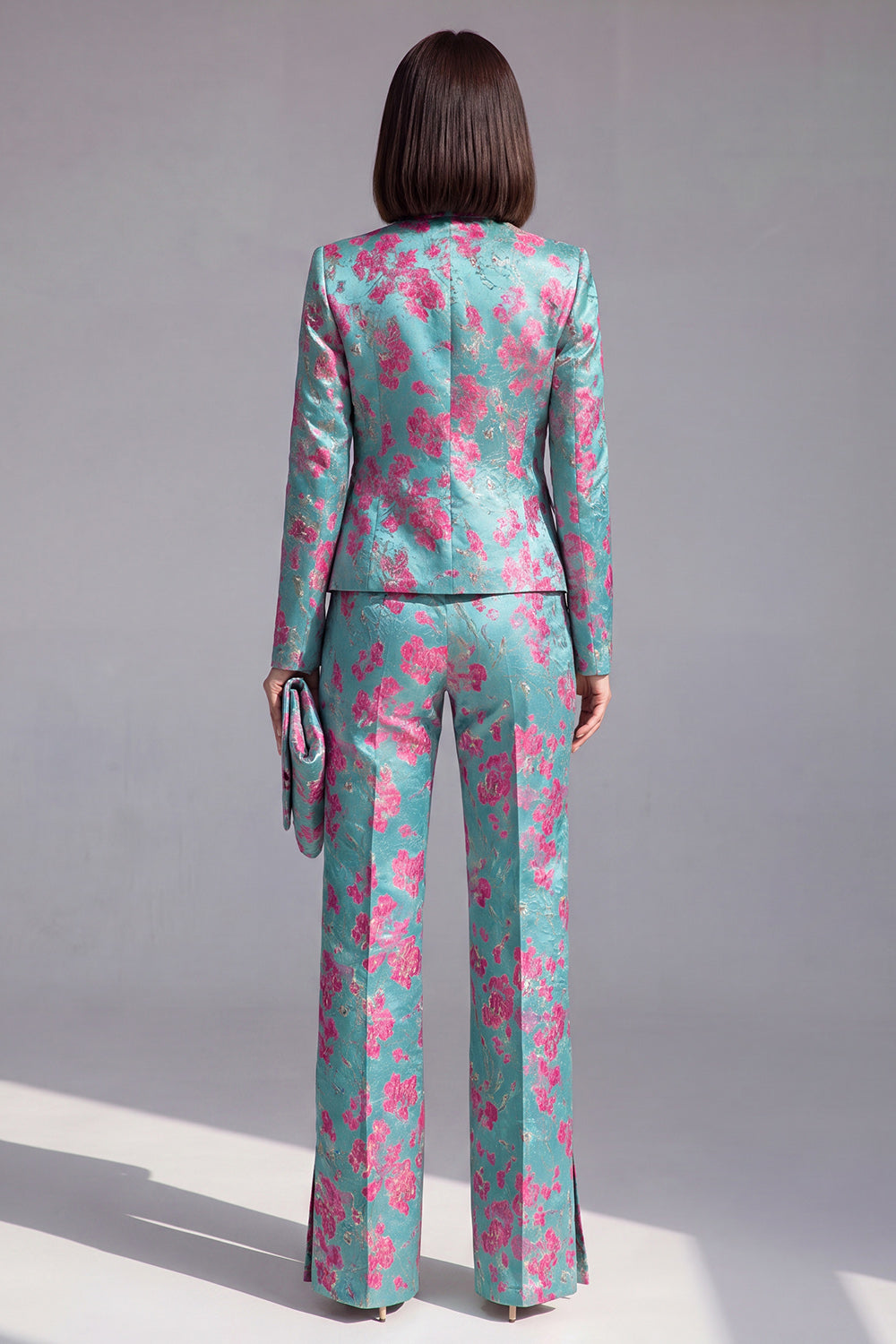 2 Piece Dusty Blue Floral Lapel Prom Suits with Sleeves