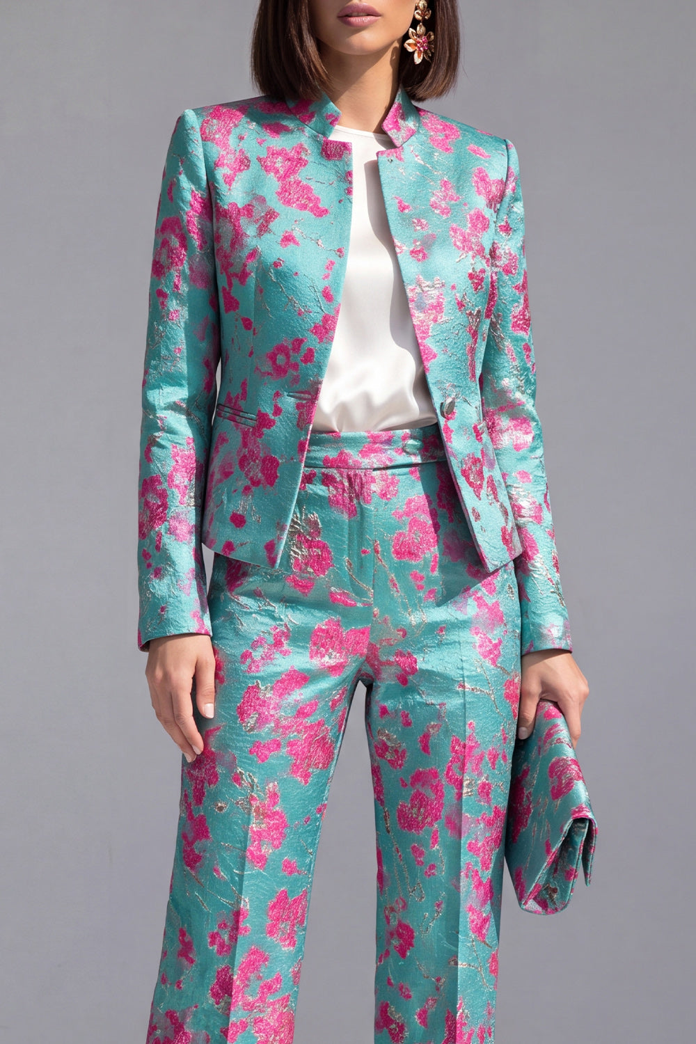 2 Piece Dusty Blue Floral Lapel Prom Suits with Sleeves
