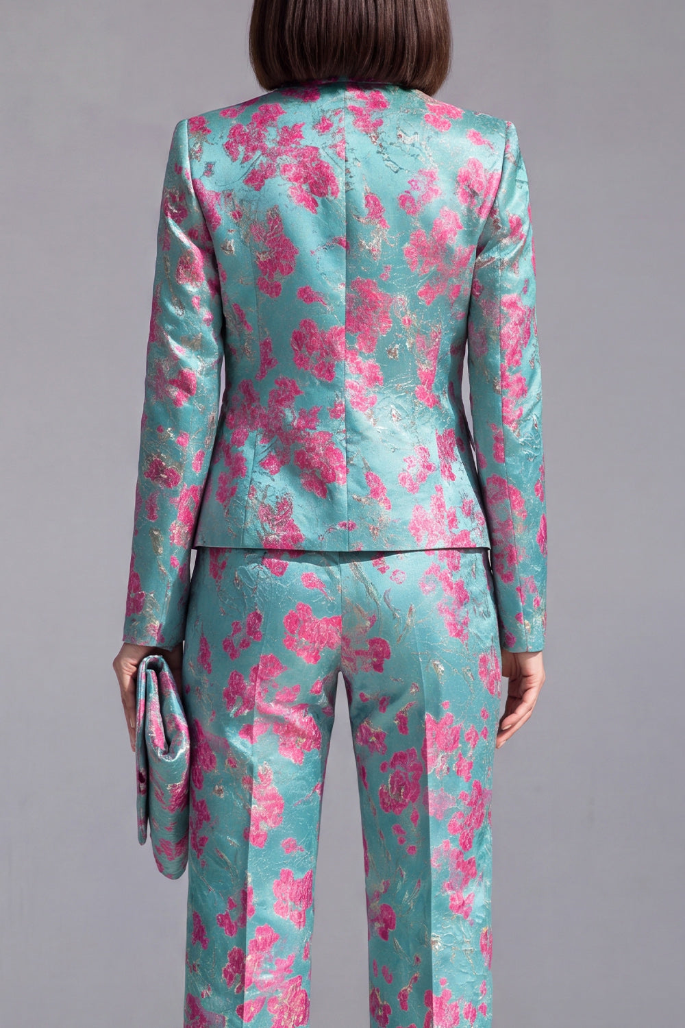 2 Piece Dusty Blue Floral Lapel Prom Suits with Sleeves