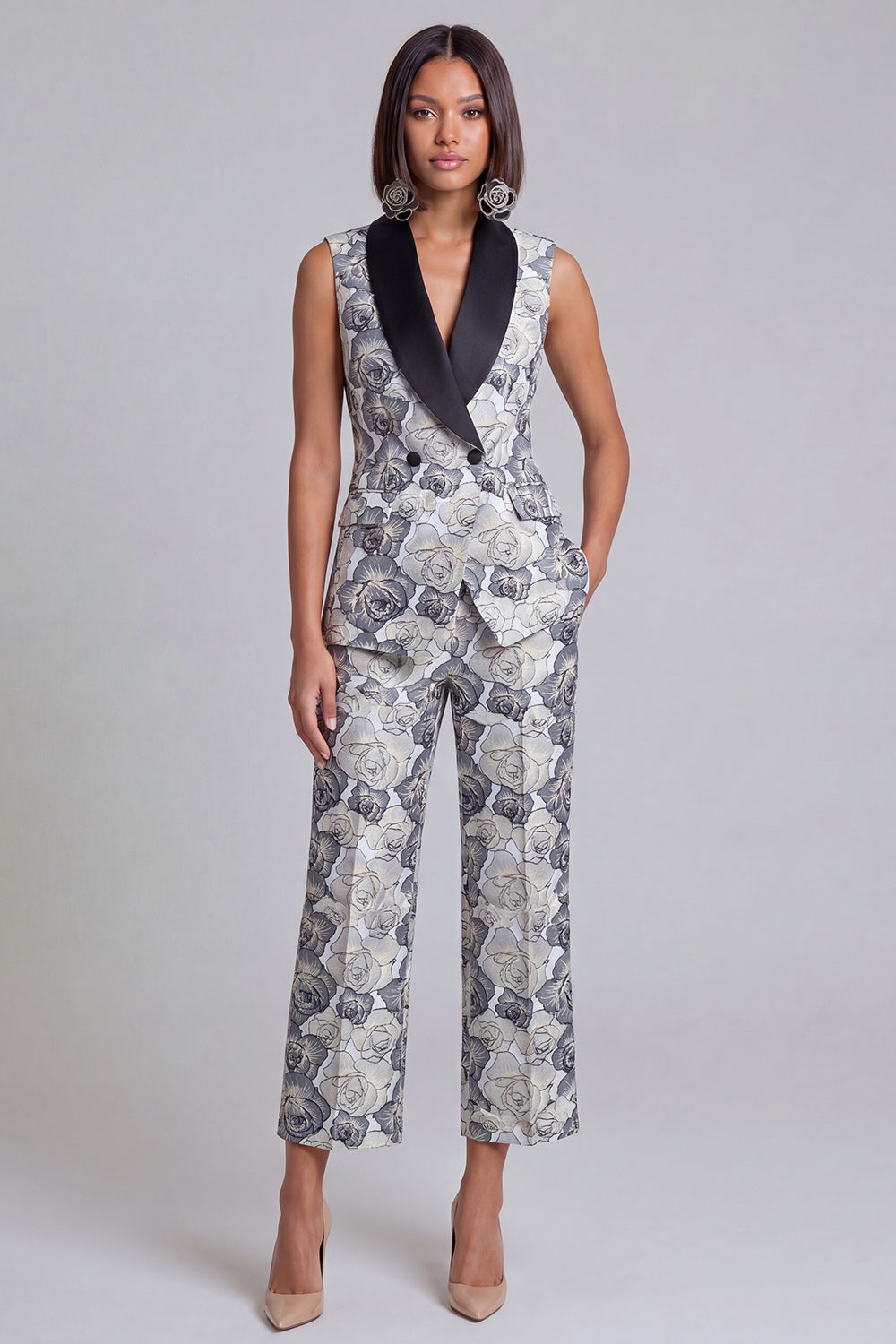 Floral 2 Piece Blue Shawl Lapel Double Breasted Prom Suits with Pockets