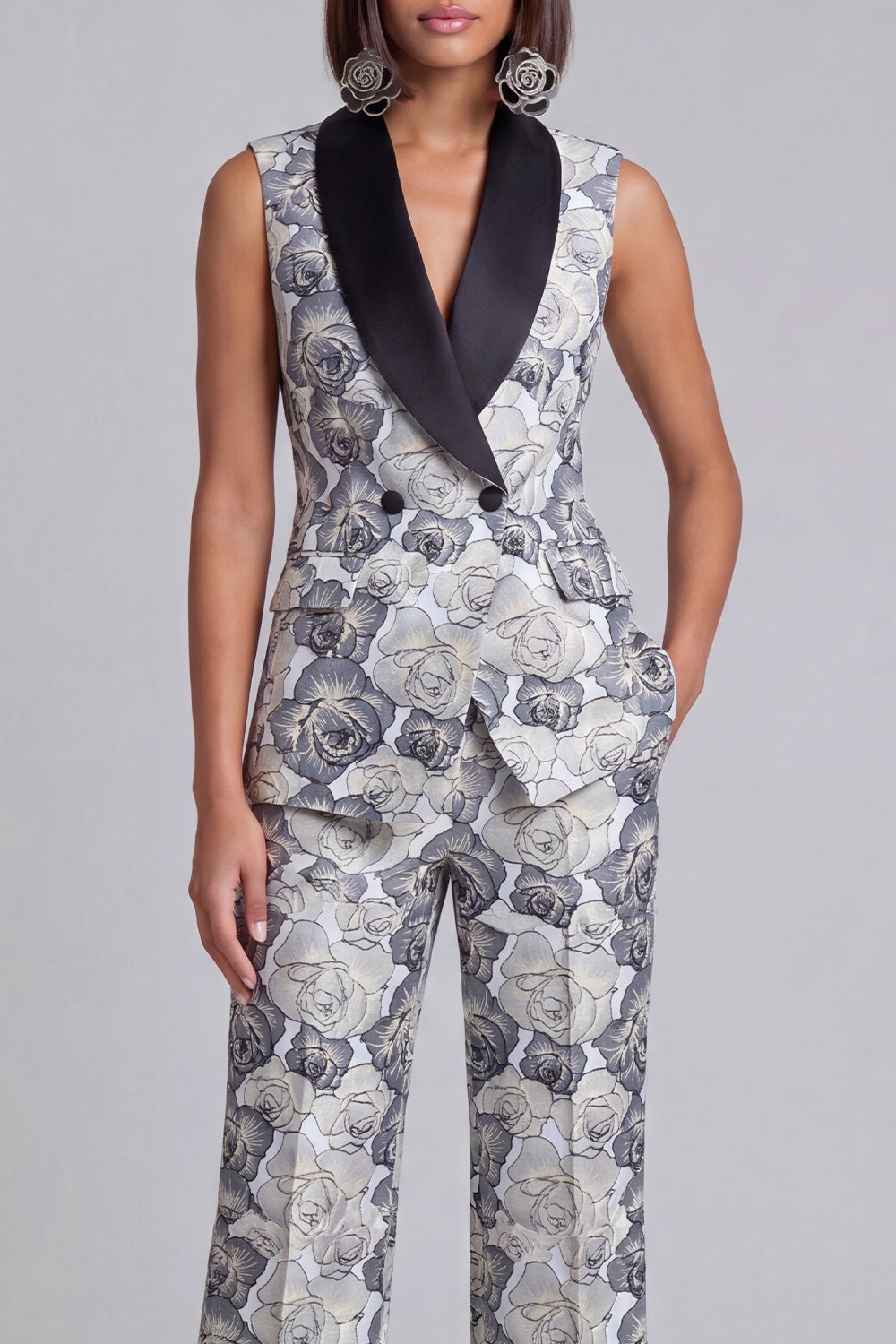 Floral 2 Piece Blue Shawl Lapel Double Breasted Prom Suits with Pockets