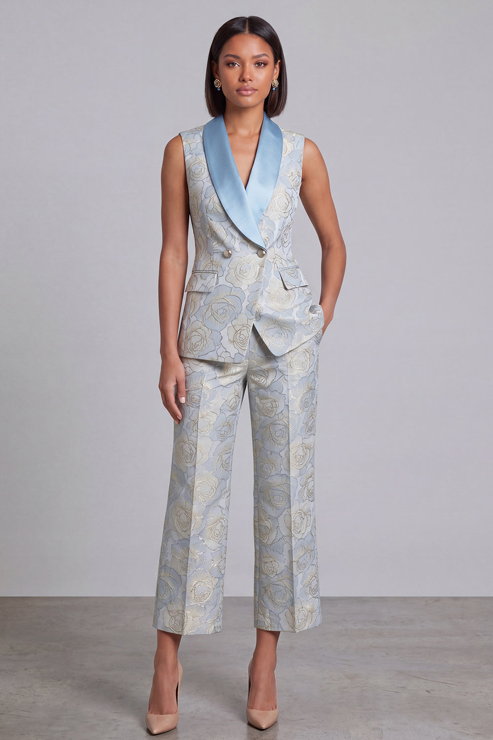 Floral 2 Piece Blue Shawl Lapel Double Breasted Prom Suits with Pockets