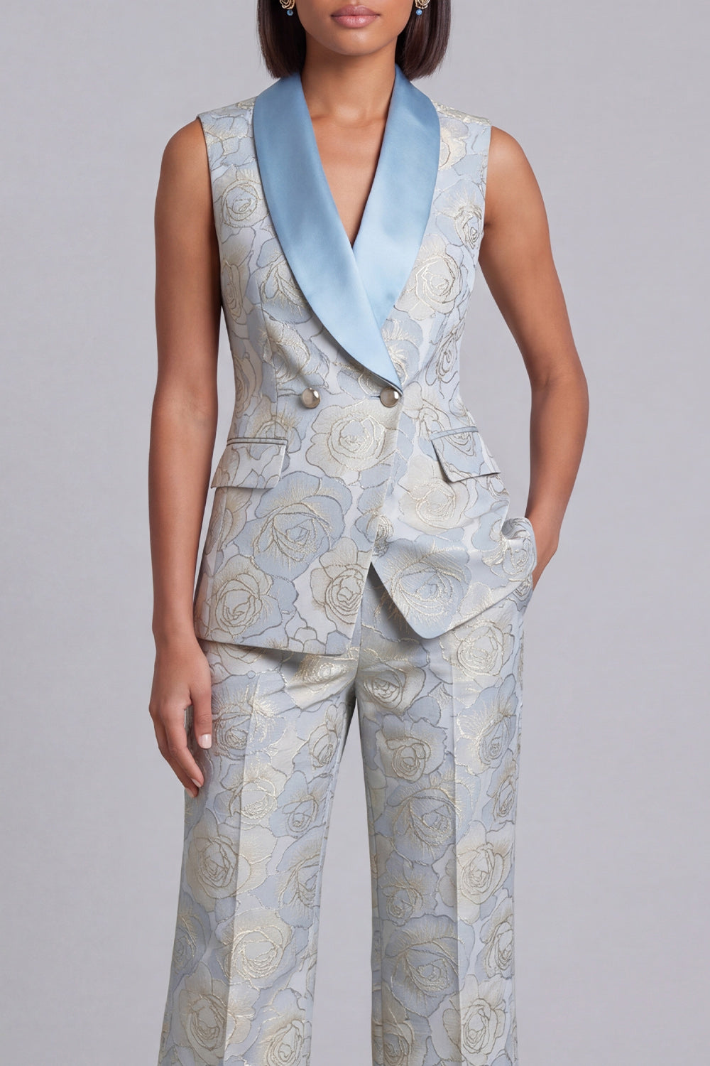 Floral 2 Piece Blue Shawl Lapel Double Breasted Prom Suits with Pockets