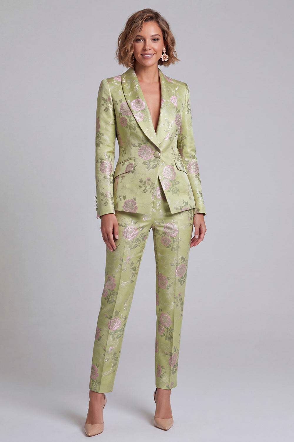 Sage Green Floral Shawl Lapel 2 Piece One Button Prom Suits