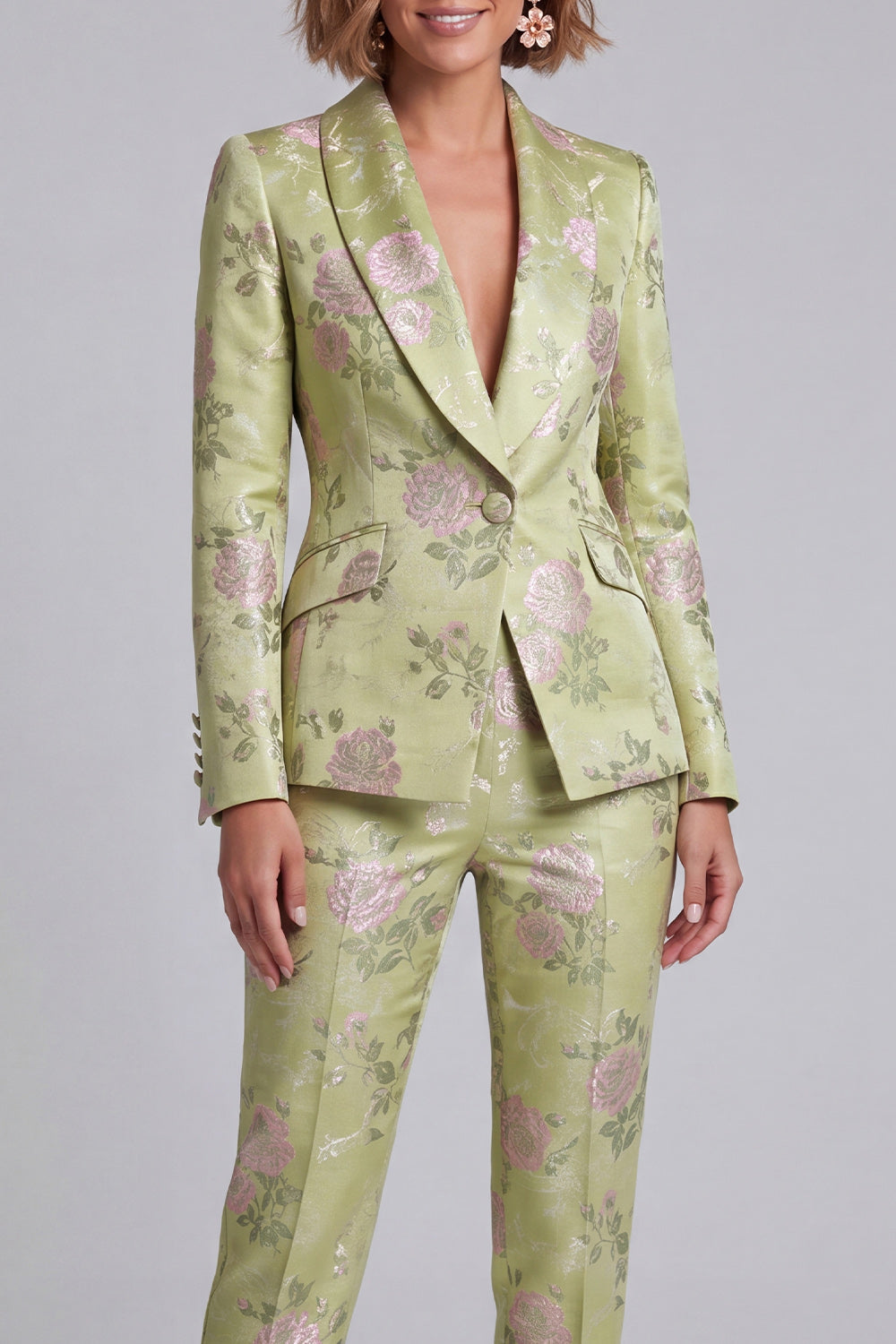 Sage Green Floral Shawl Lapel 2 Piece One Button Prom Suits
