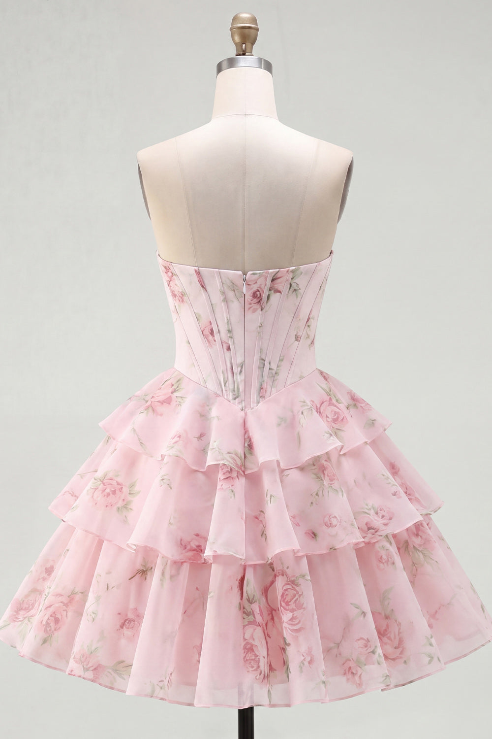 Pink Corset A Line Floral Fringed Strapless Short Homecoming Dress with Ruffles