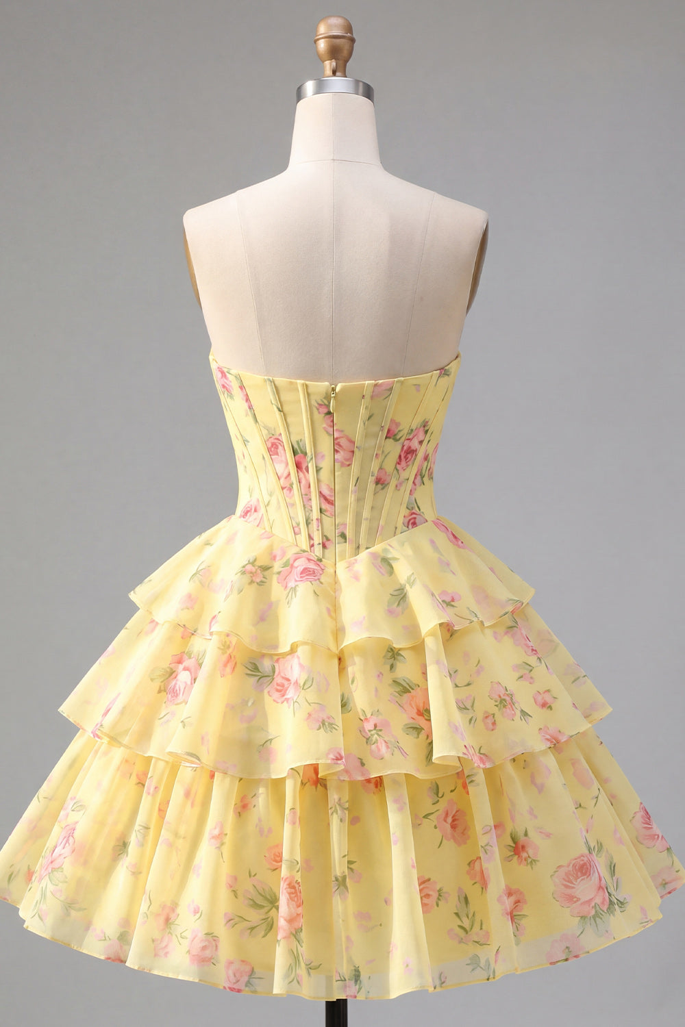 Pink Corset A Line Floral Fringed Strapless Short Homecoming Dress with Ruffles