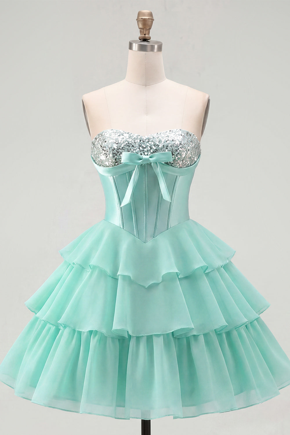Sparkly Mint Corset Ruffled A Line Strapless Short Homecoming Dress