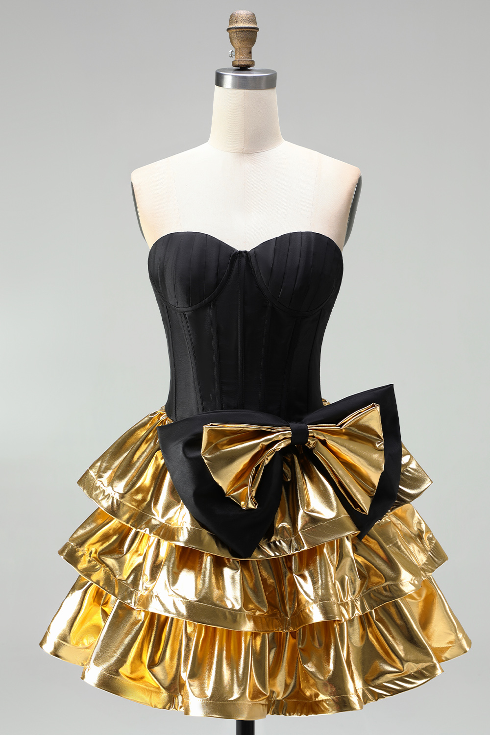 Black Golden Metallic Ruffled Corset A-Line Short Homecoming Dress with Bow