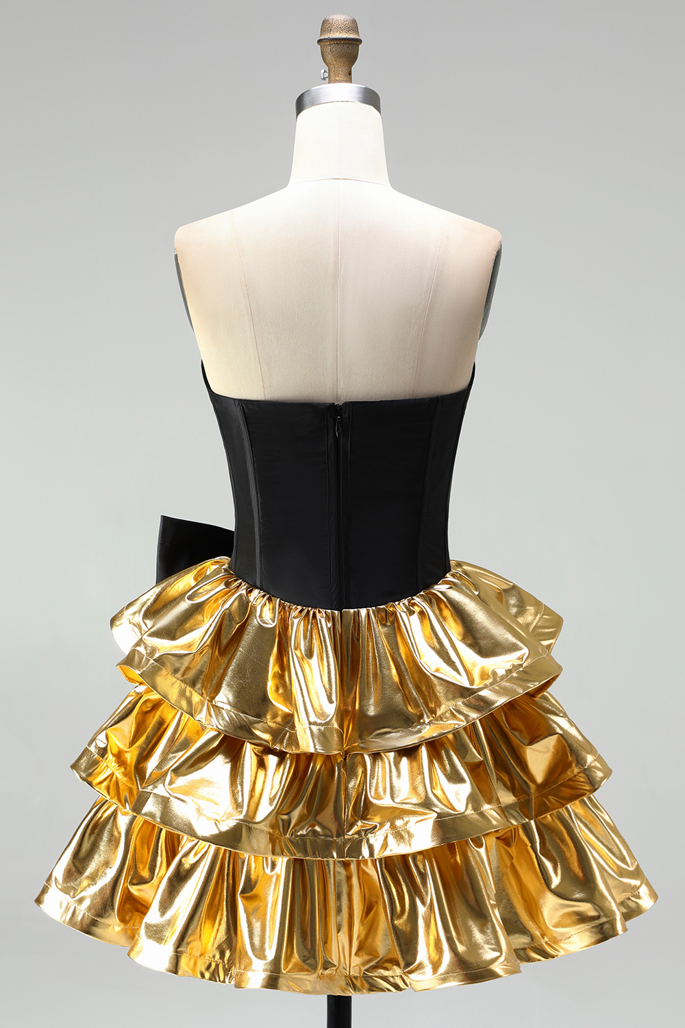 Black Golden Metallic Ruffled Corset A-Line Short Homecoming Dress with Bow