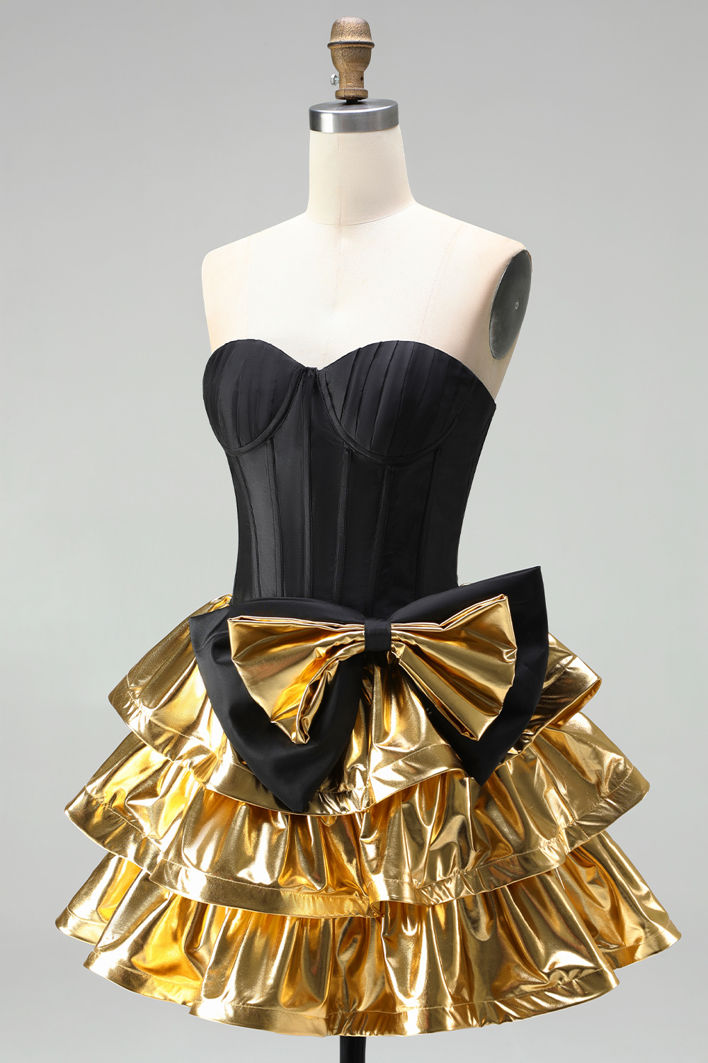 Black Golden Metallic Ruffled Corset A-Line Short Homecoming Dress with Bow