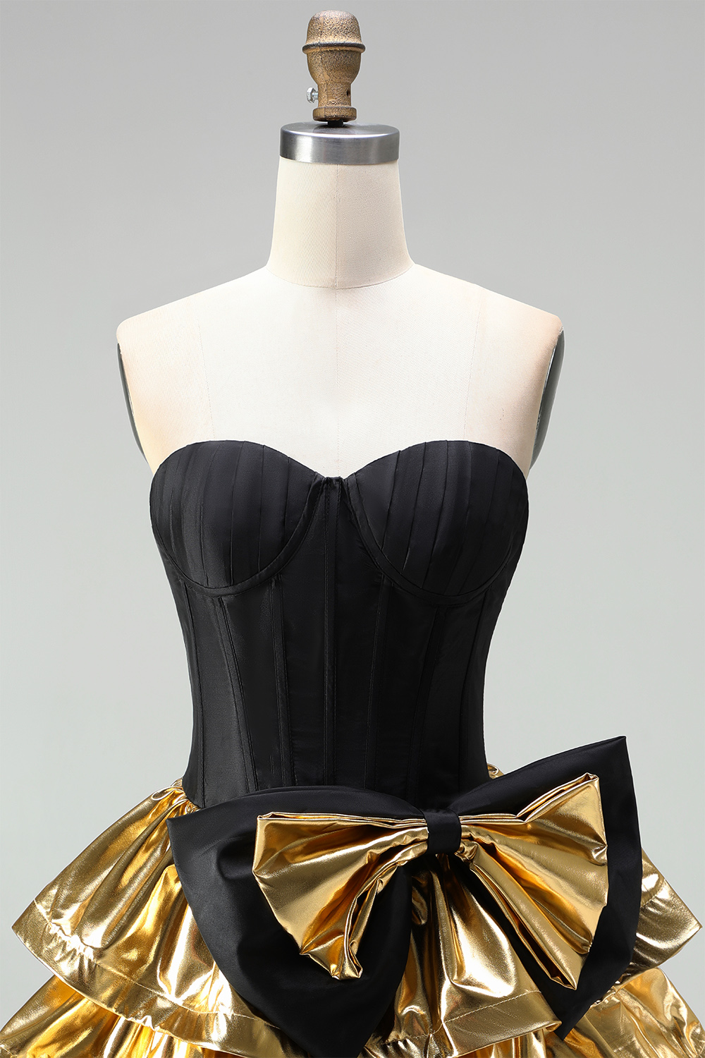 Black Golden Metallic Ruffled Corset A-Line Short Homecoming Dress with Bow