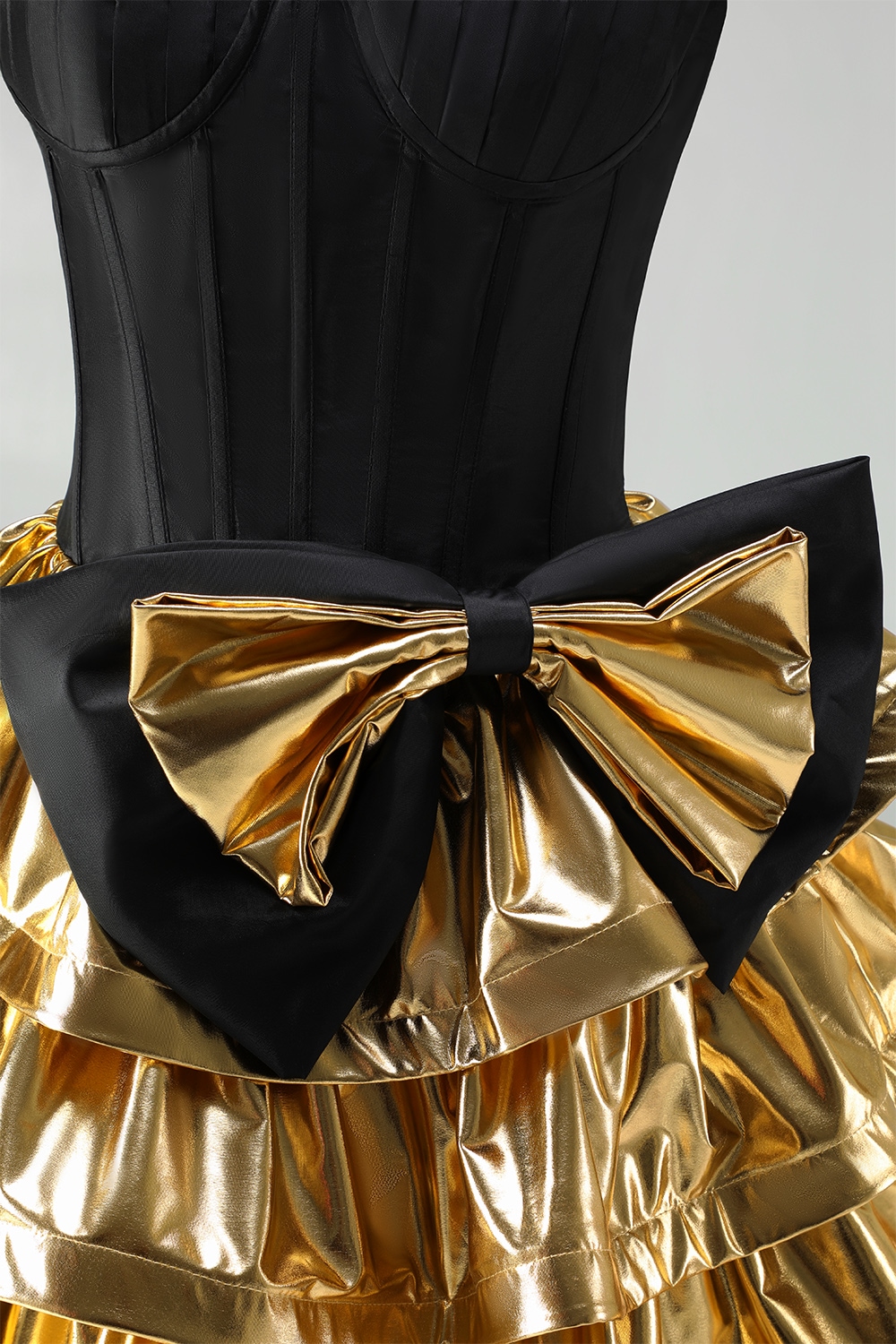 Black Golden Metallic Ruffled Corset A-Line Short Homecoming Dress with Bow