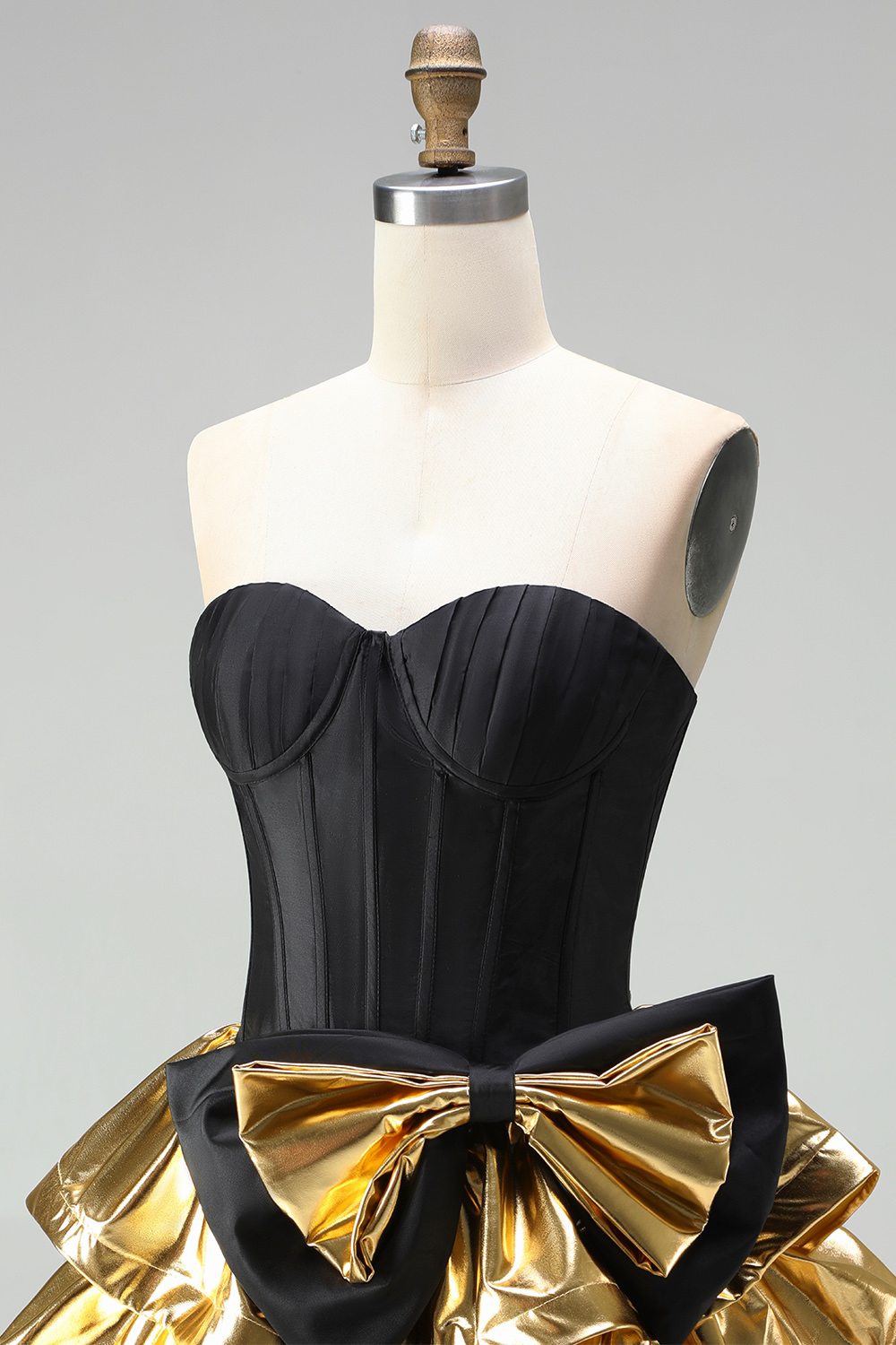 Black Golden Metallic Ruffled Corset A-Line Short Homecoming Dress with Bow