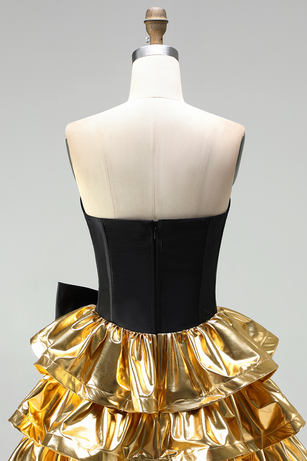 Black Golden Metallic Ruffled Corset A-Line Short Homecoming Dress with Bow