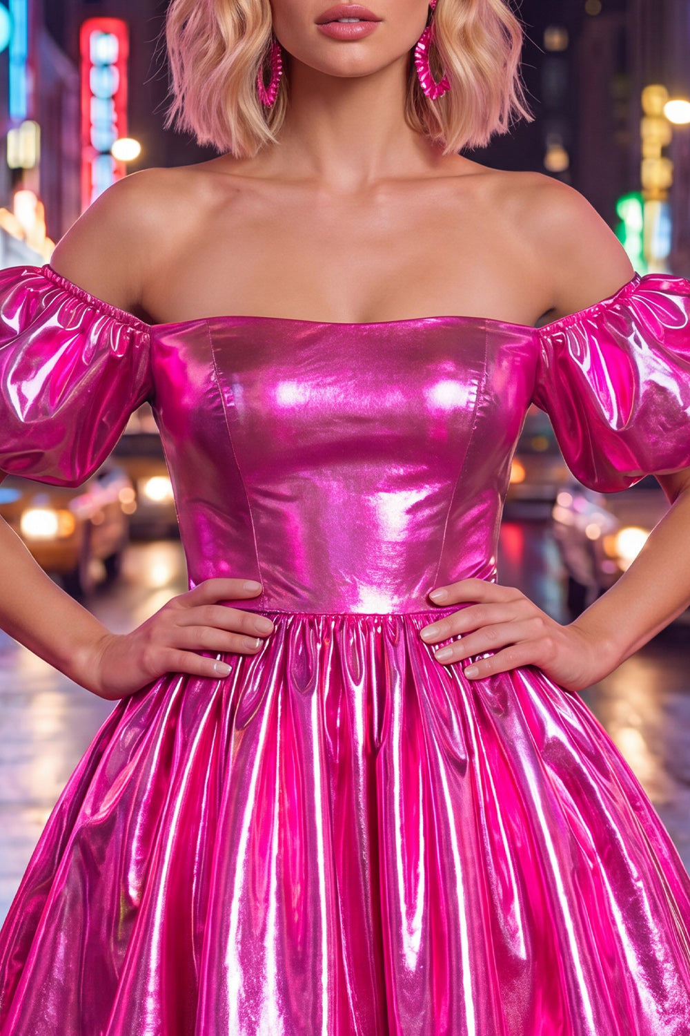 Fuchsia A-Line Metallic Short Homecoming Dress with Sleeves