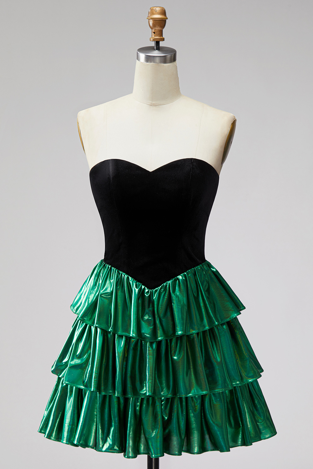 Black Green Ruffled Metallic Tiered A-Line Short Homecoming Dress