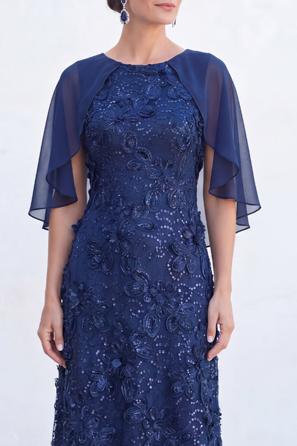 Sparkly Floral Light Blue Boat Neck Long Wedding Guest Dress with Cape