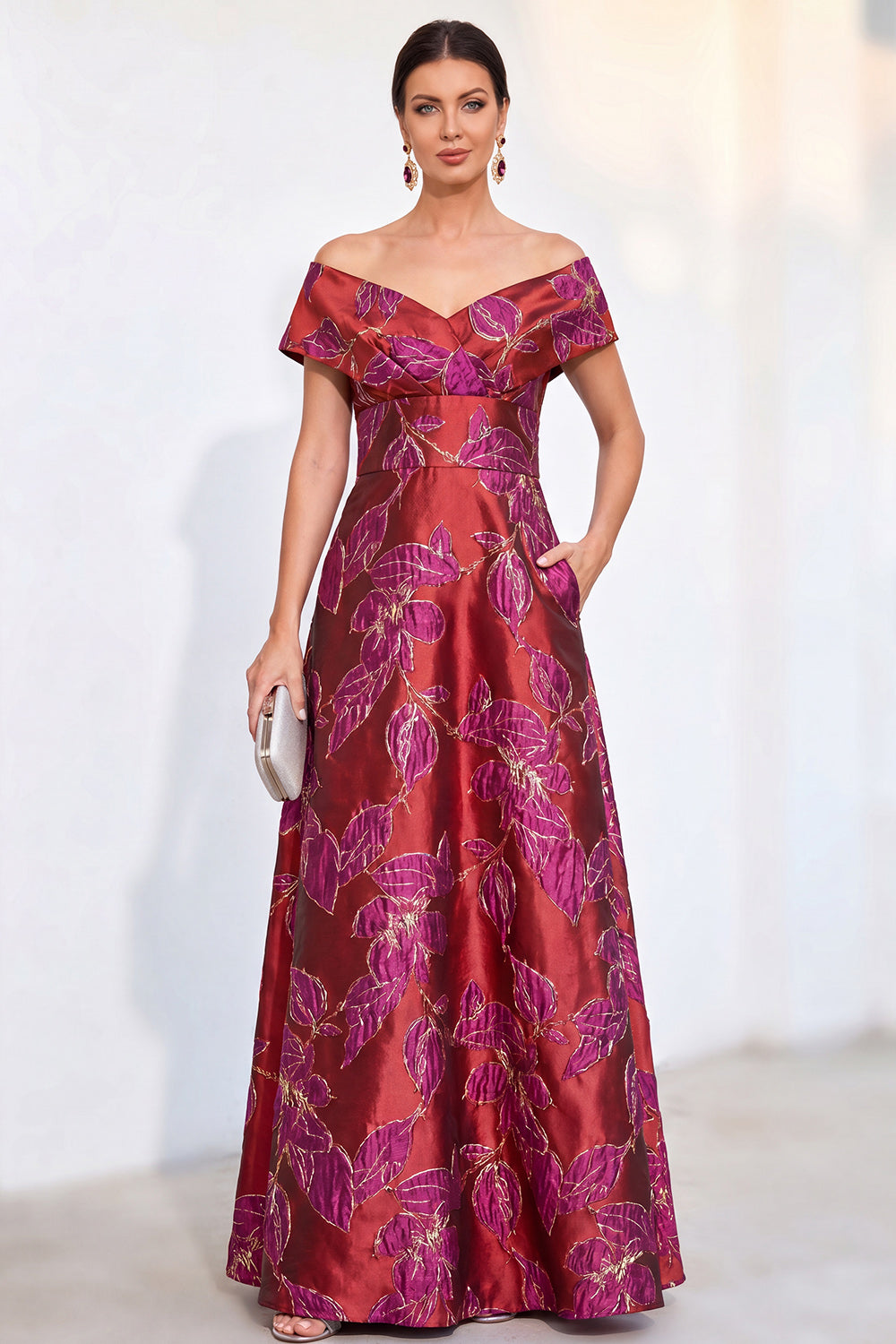 Jacquard Red Off The Shoulder Long Wedding Guest Dress with Pockets