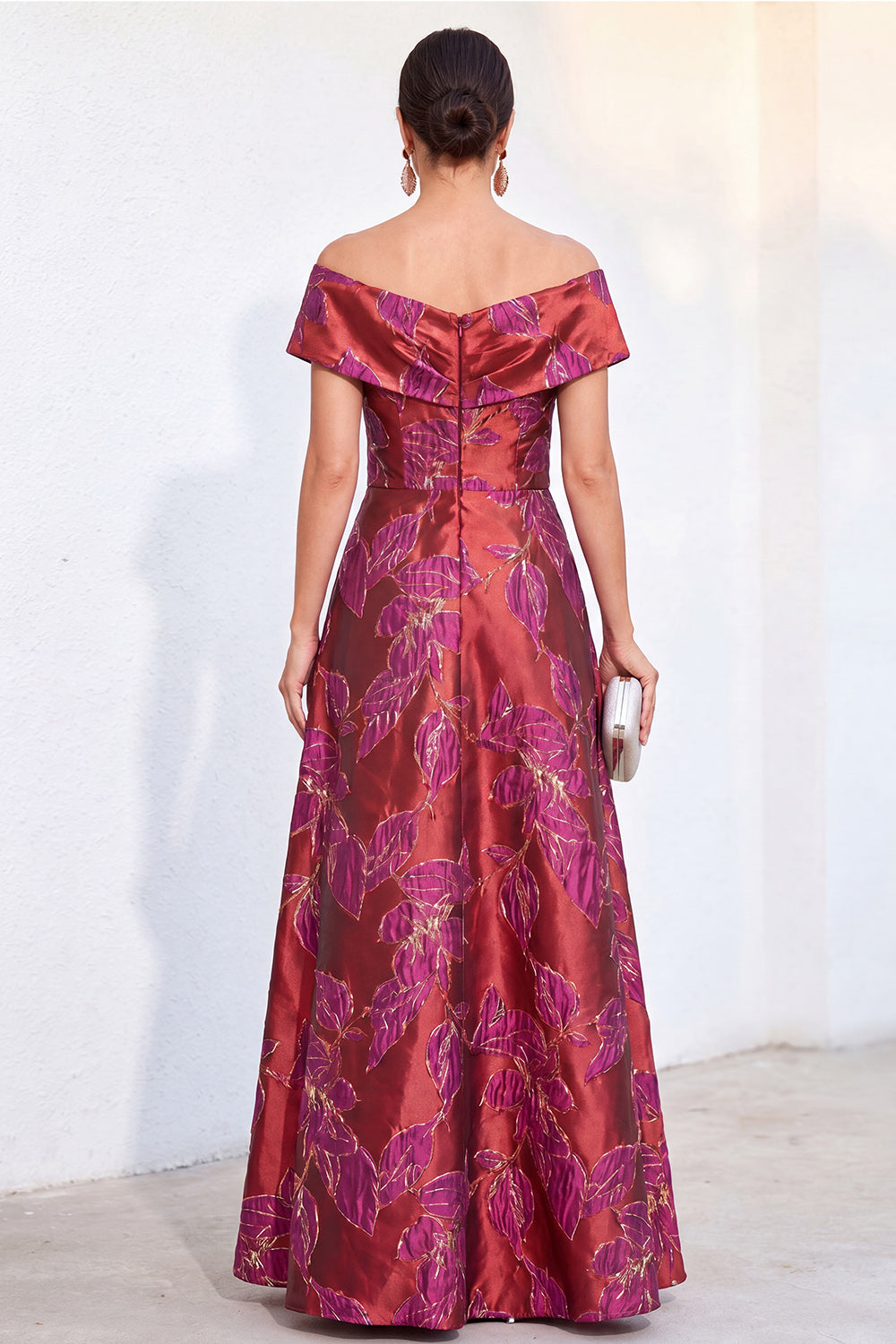 Jacquard Red Off The Shoulder Long Wedding Guest Dress with Pockets