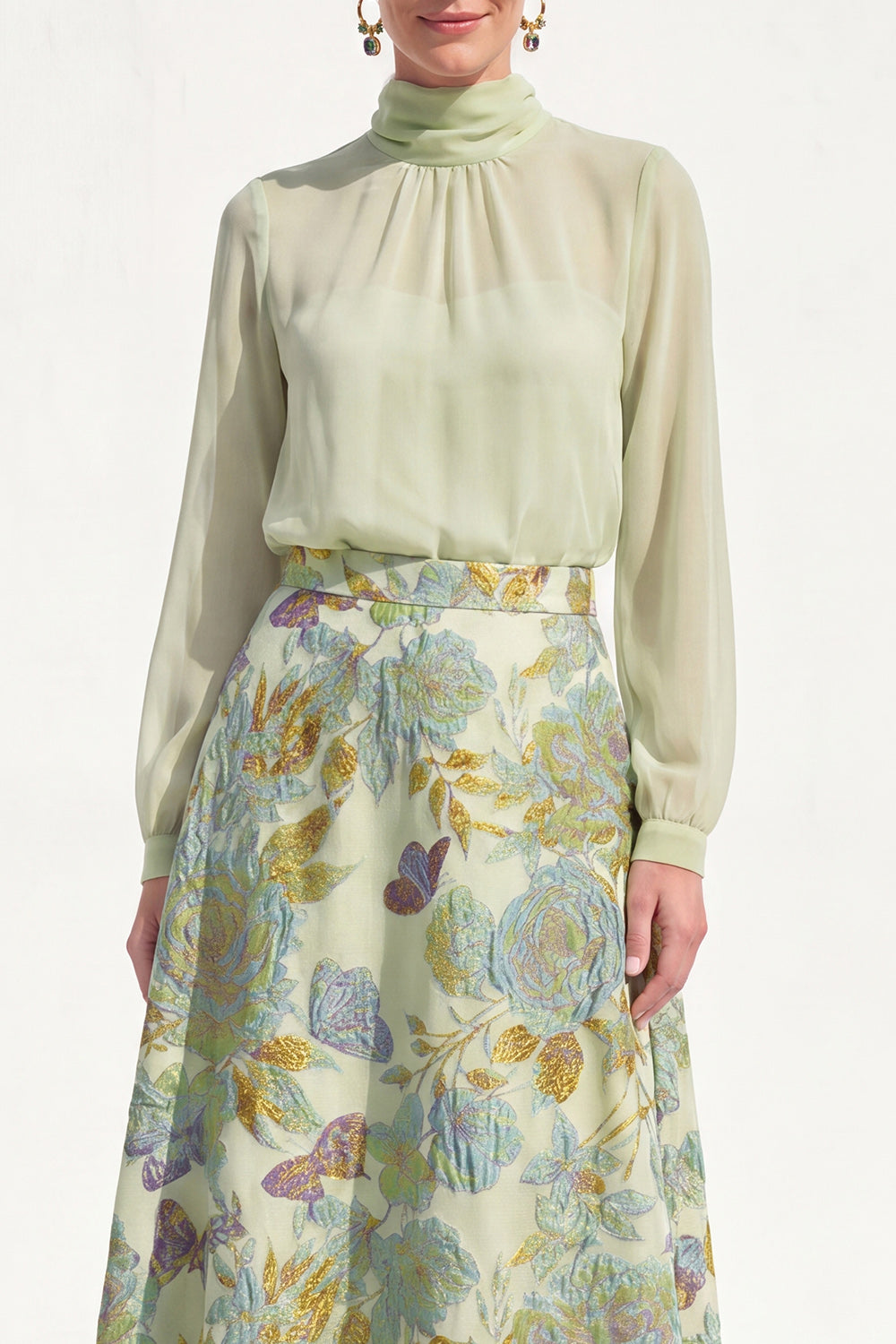 High Neck Blue Floral A Line Long Wedding Guest Dress with Sleeves