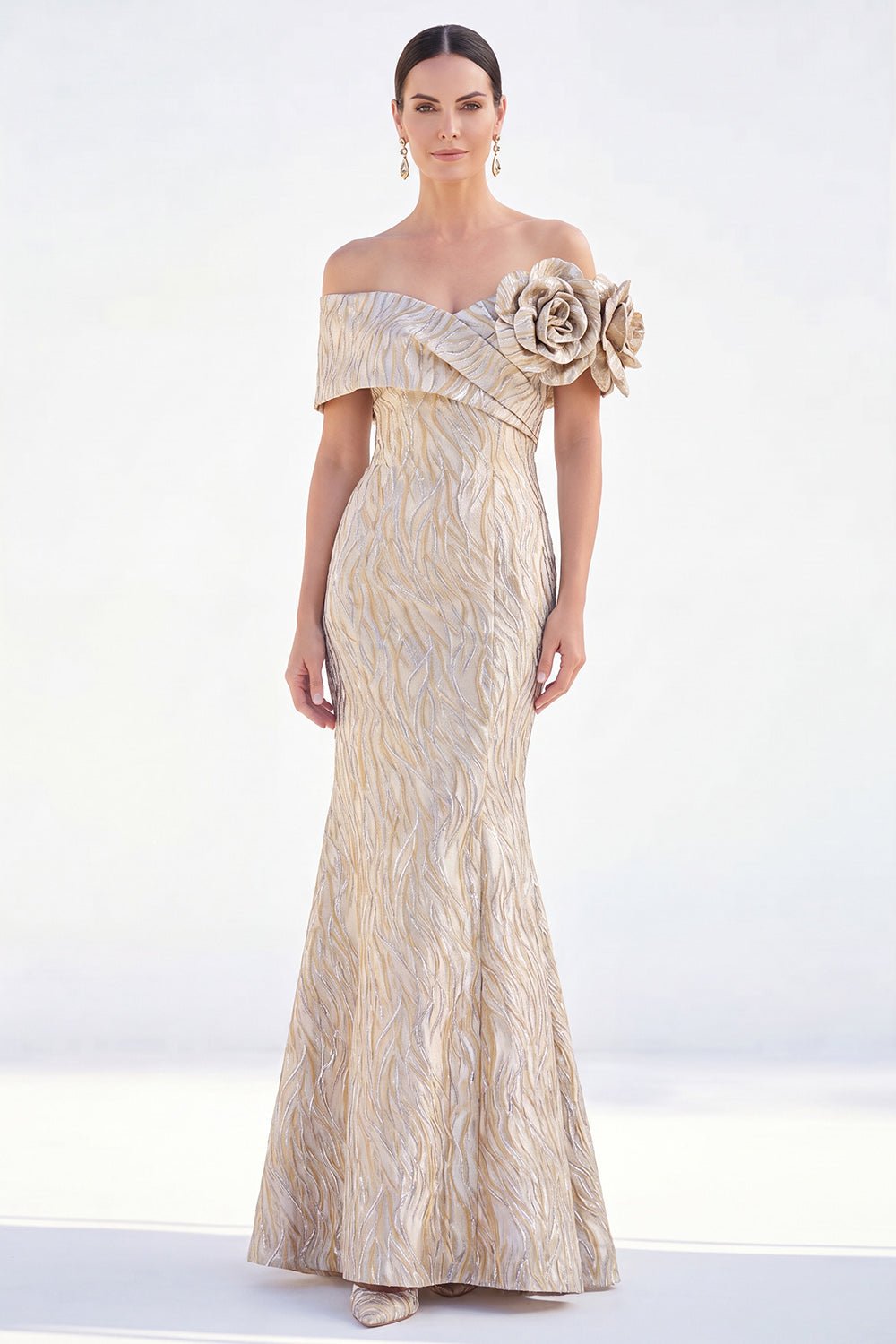 Off The Shoulder Pink Mermaid Long Wedding Guest Dress with 3D Flowers