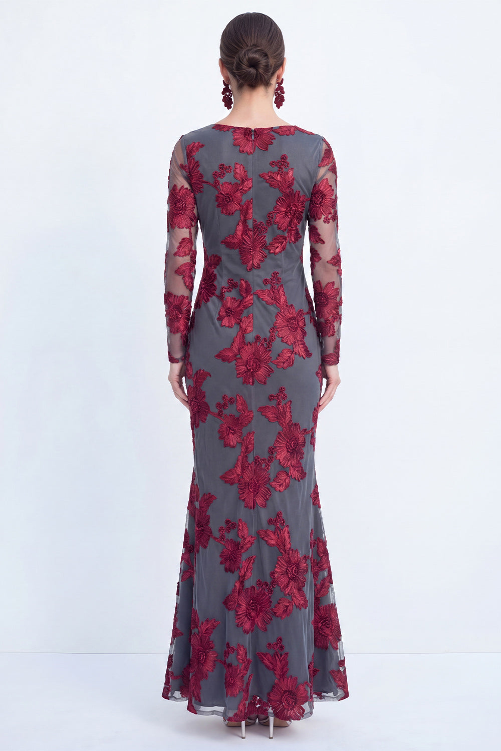 Bateau Neck Navy Floral Mermaid Long Sleeves Wedding Guest Dress
