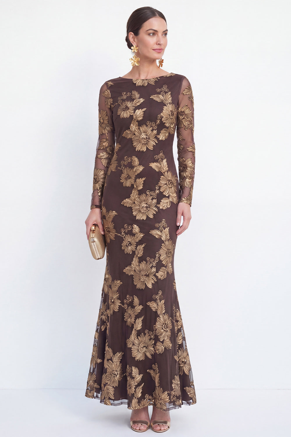 Bateau Neck Navy Floral Mermaid Long Sleeves Wedding Guest Dress