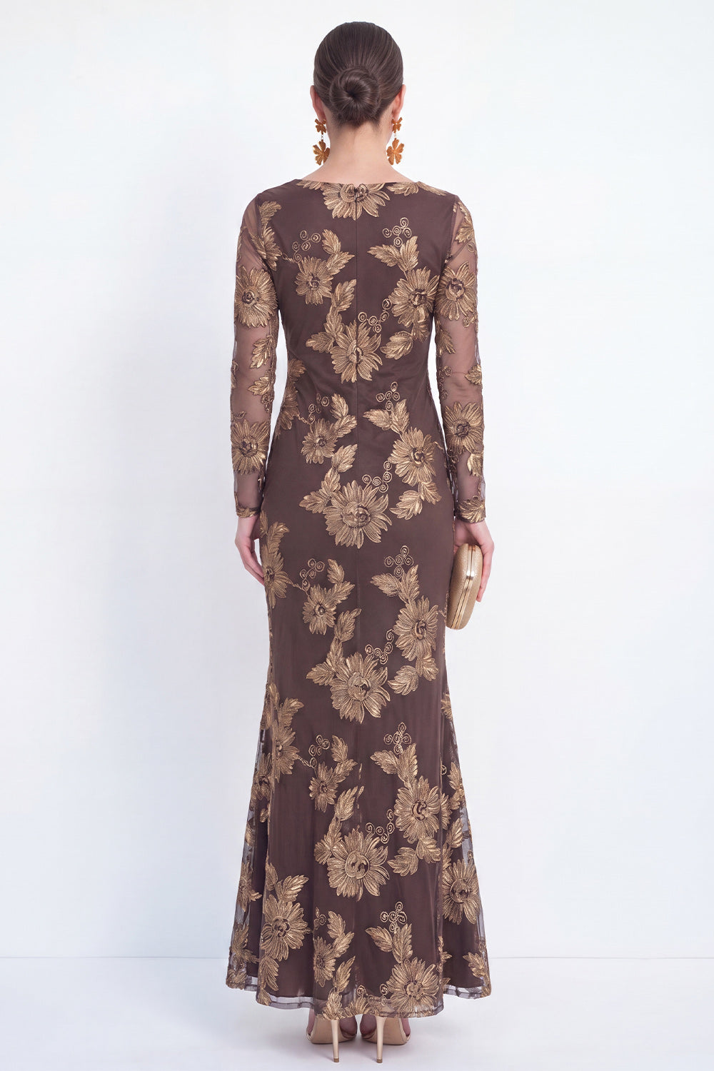 Bateau Neck Navy Floral Mermaid Long Sleeves Wedding Guest Dress
