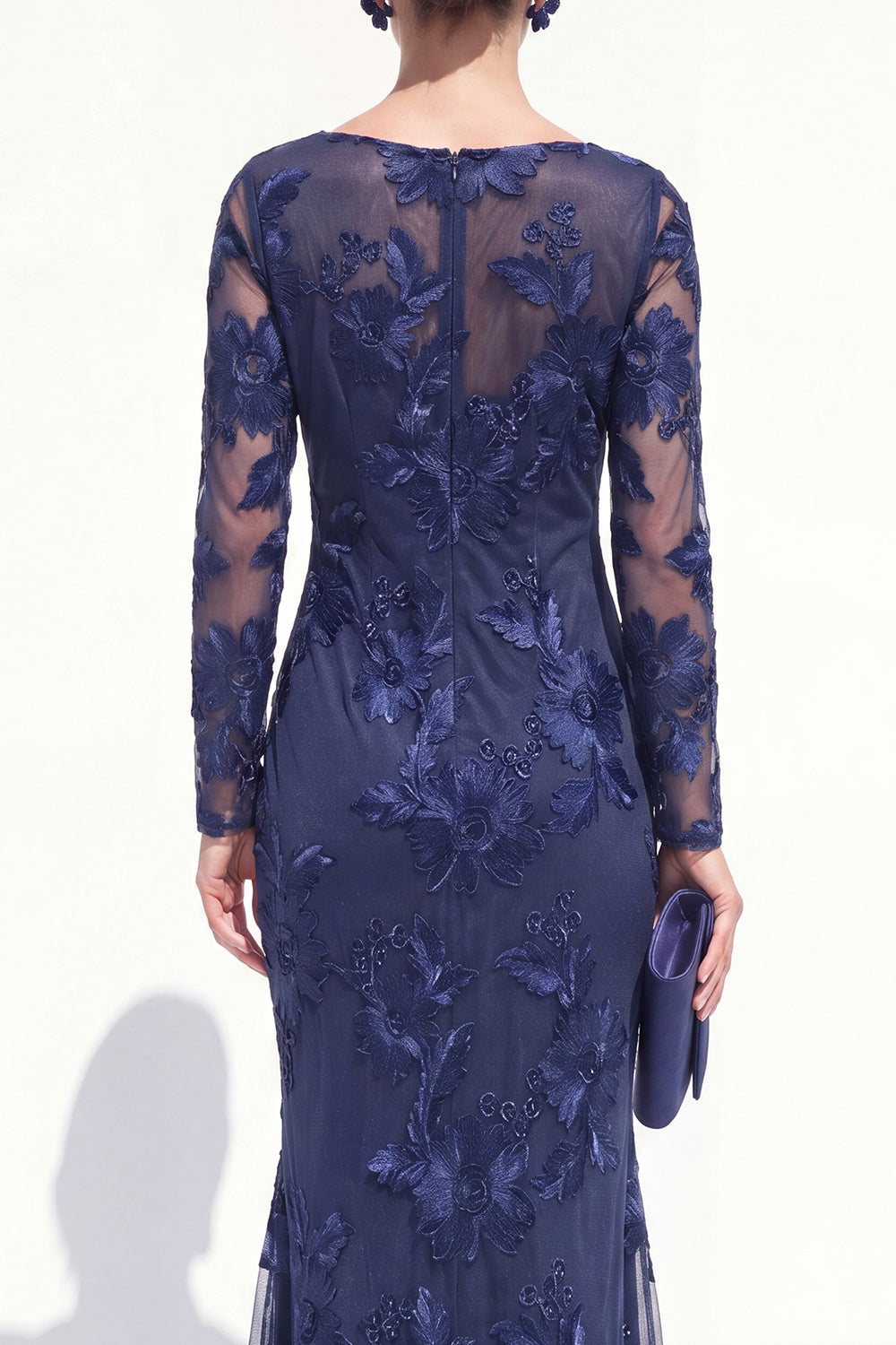 Bateau Neck Navy Floral Mermaid Long Sleeves Wedding Guest Dress
