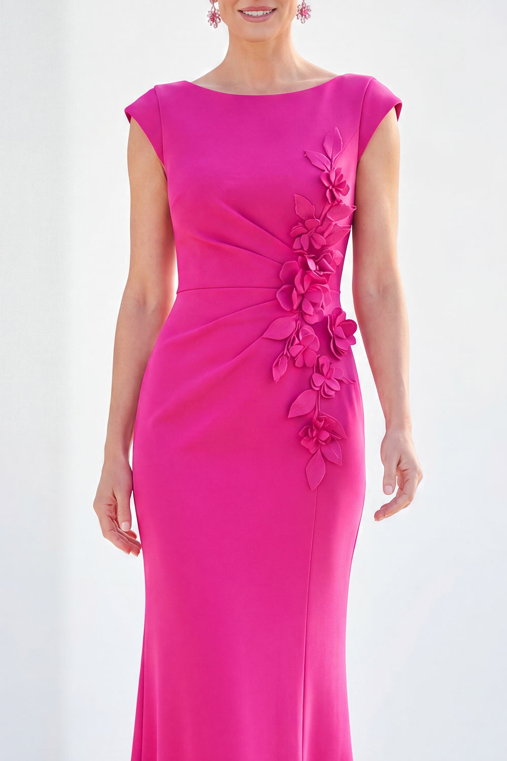 Boat Neck Navy Floral Mermaid Ruched Long Wedding Guest Dress