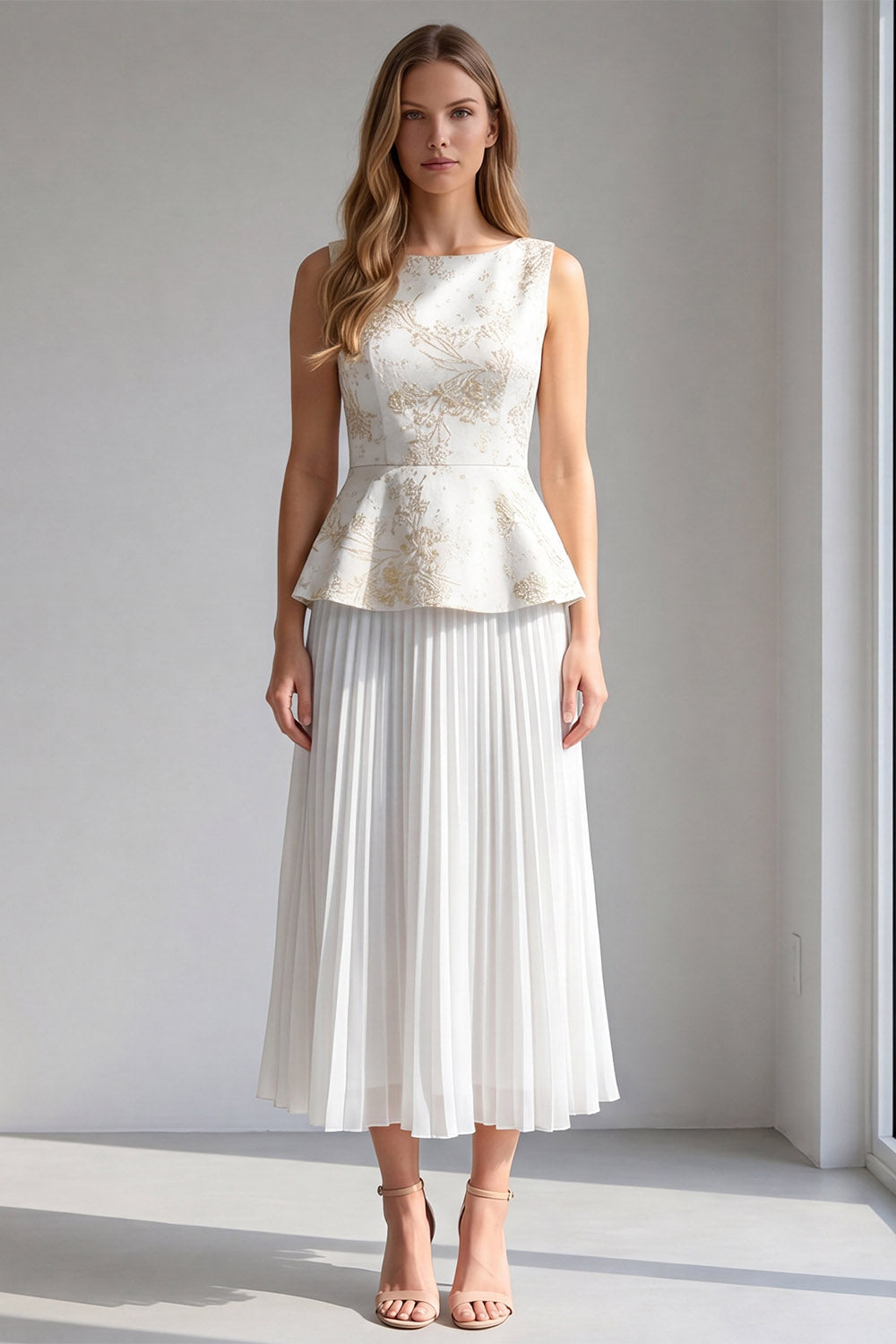 2 Piece Ivory Floral Pleated Boat Neck Long Business Dress