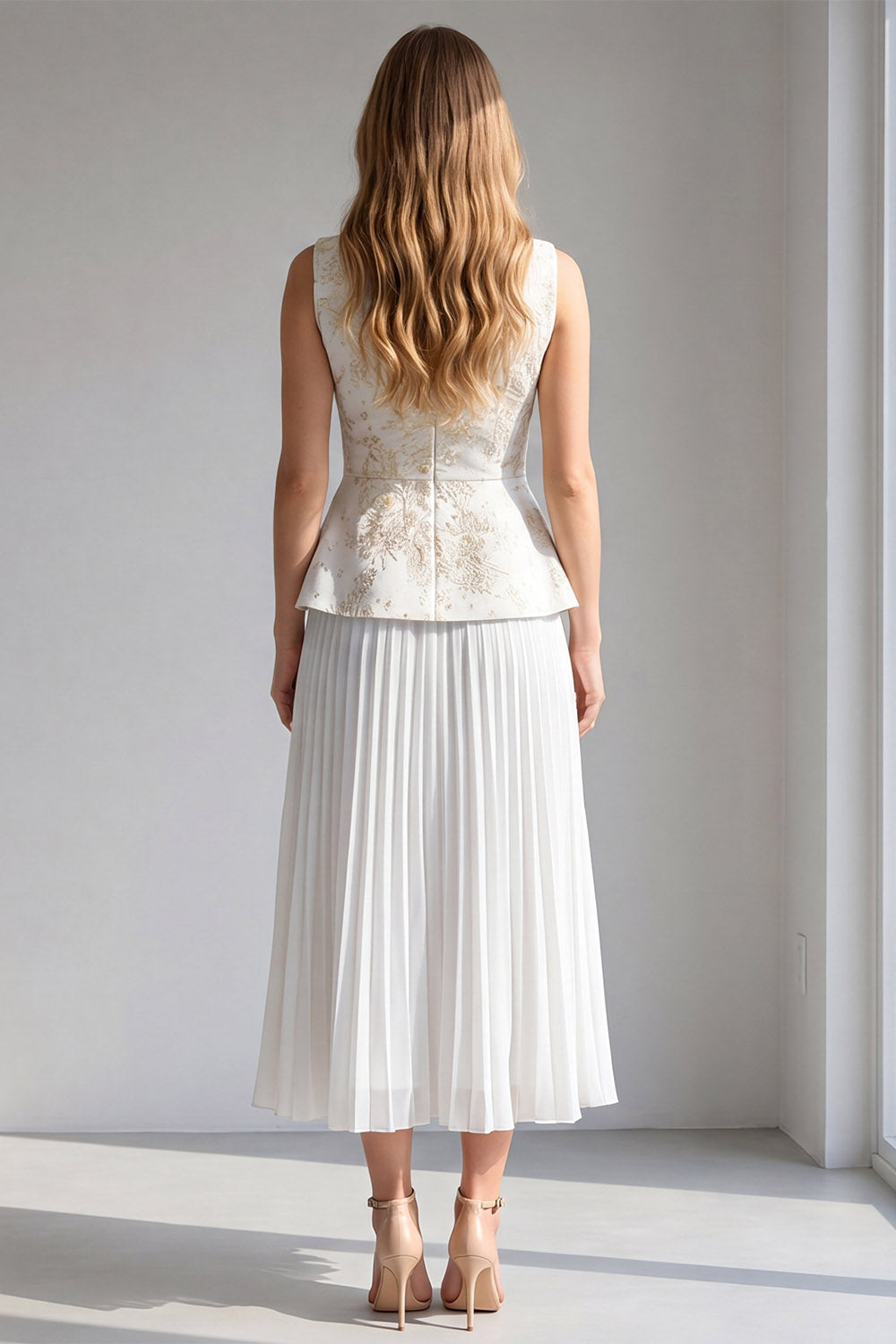 2 Piece Ivory Floral Pleated Boat Neck Long Business Dress