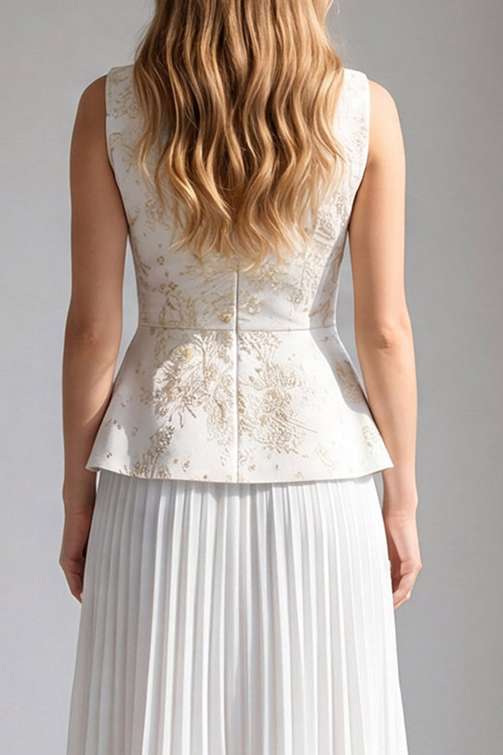 2 Piece Ivory Floral Pleated Boat Neck Long Business Dress