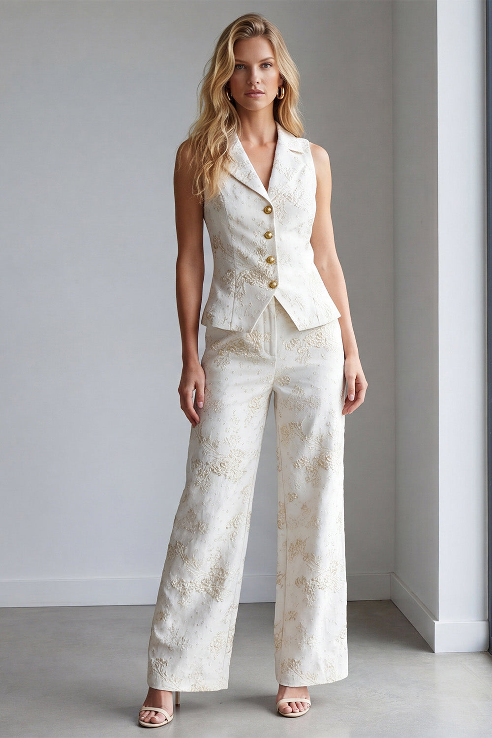 2 Piece Ivory Floral Single Breasted Notched Lapel Business Suits